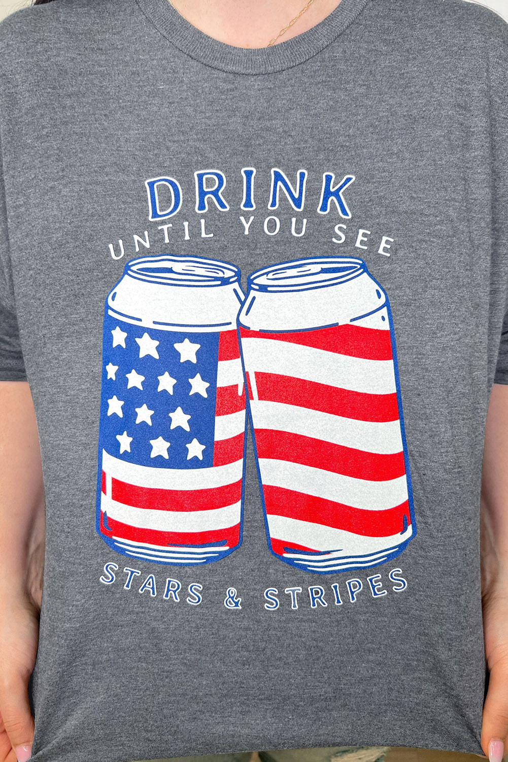 Gray USA Flag Drink Cans Slogan Graphic Tee