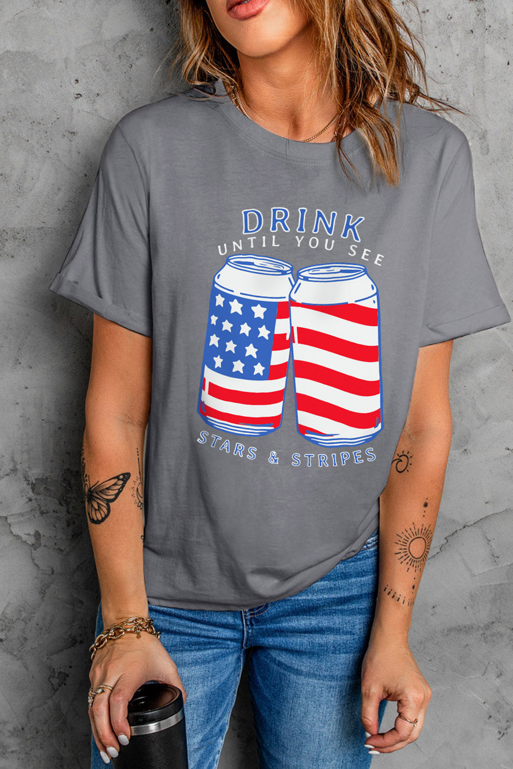 Gray USA Flag Drink Cans Slogan Graphic Tee