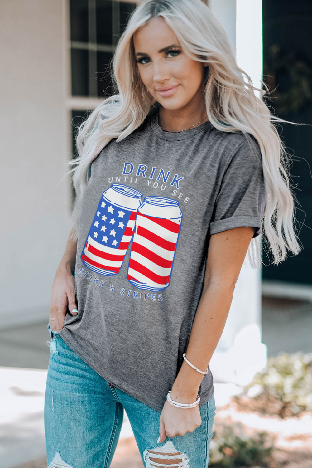 Gray USA Flag Drink Cans Slogan Graphic Tee