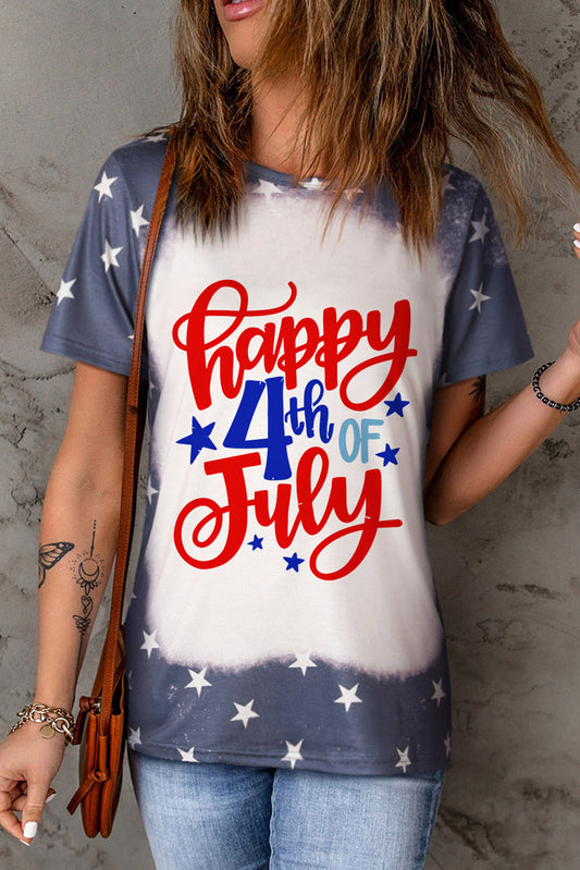 Blue Happy 4th Of July Bleached Stars Print T Shirt