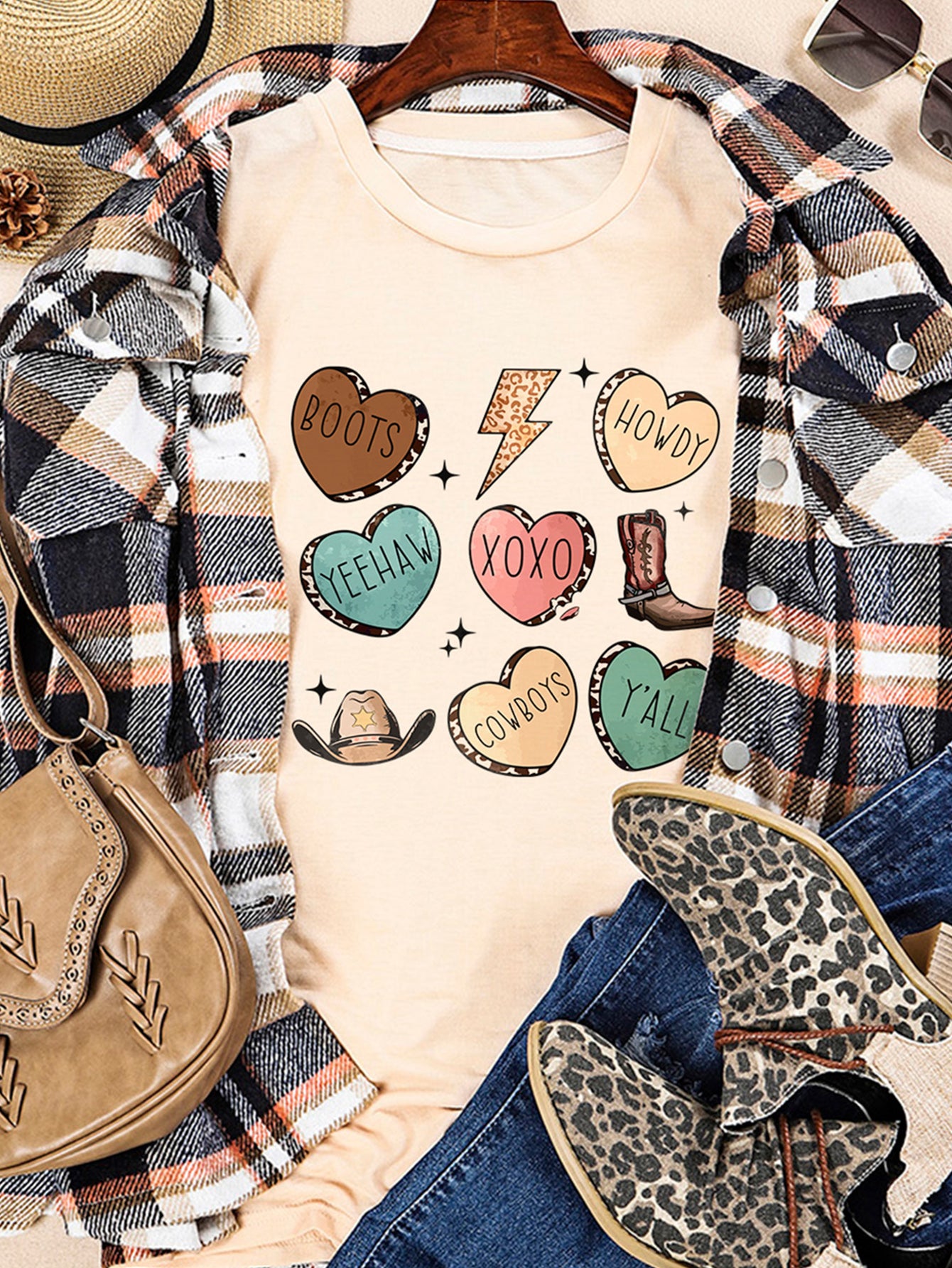 Khaki Western Fashion Valentine Graphic T-shirt