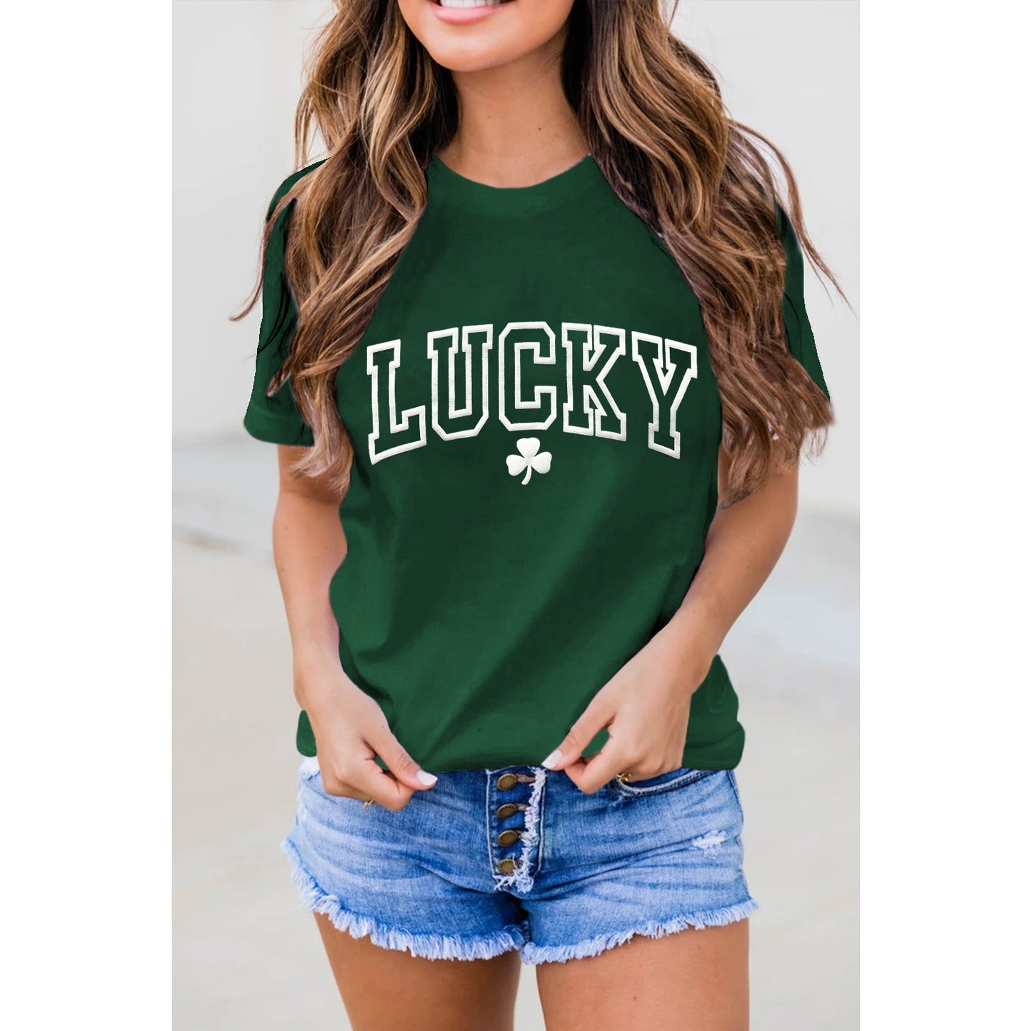 Green LUCKY Clover Puff Print Round Neck Casual T Shirt