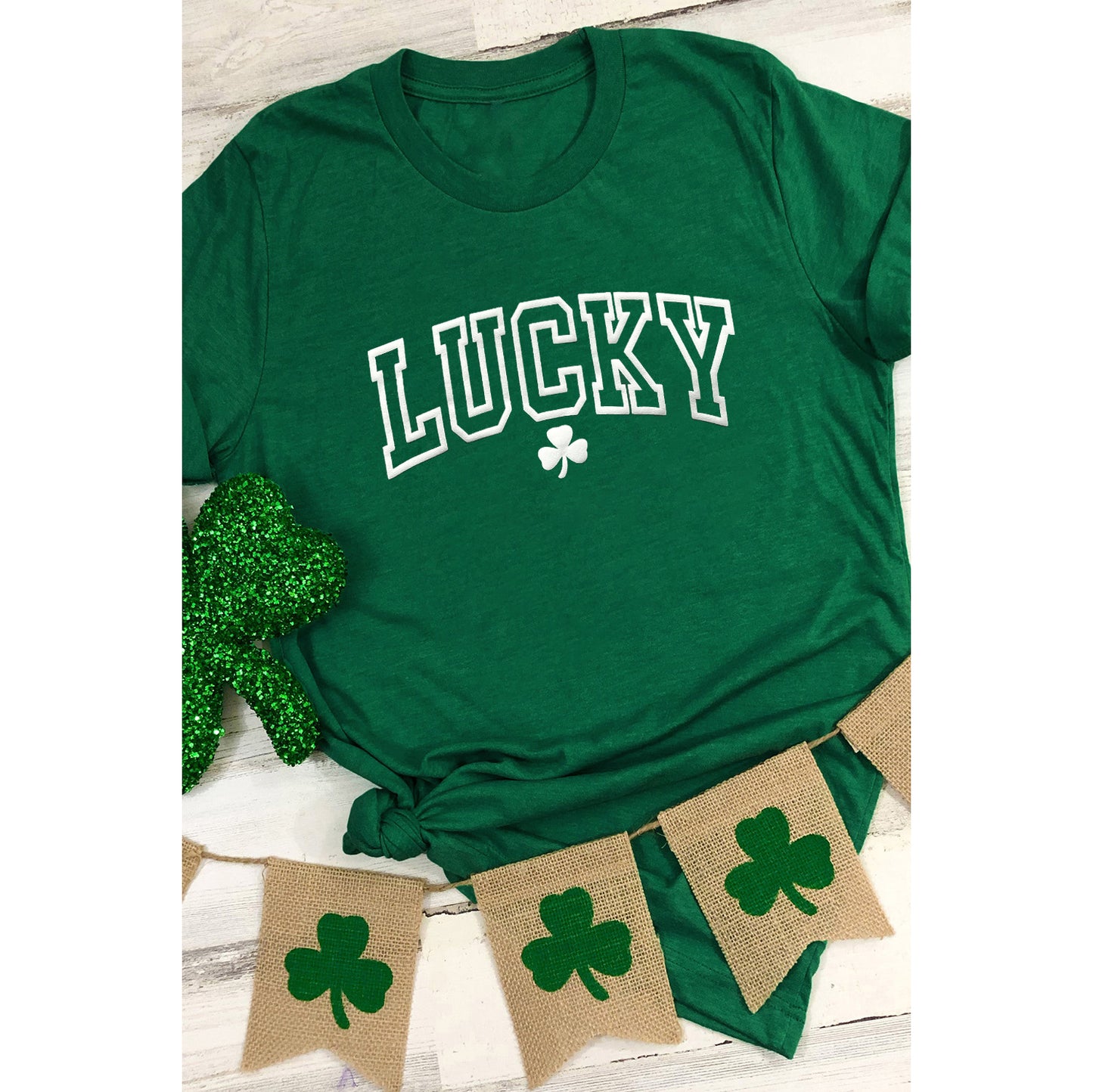 Green LUCKY Clover Puff Print Round Neck Casual T Shirt