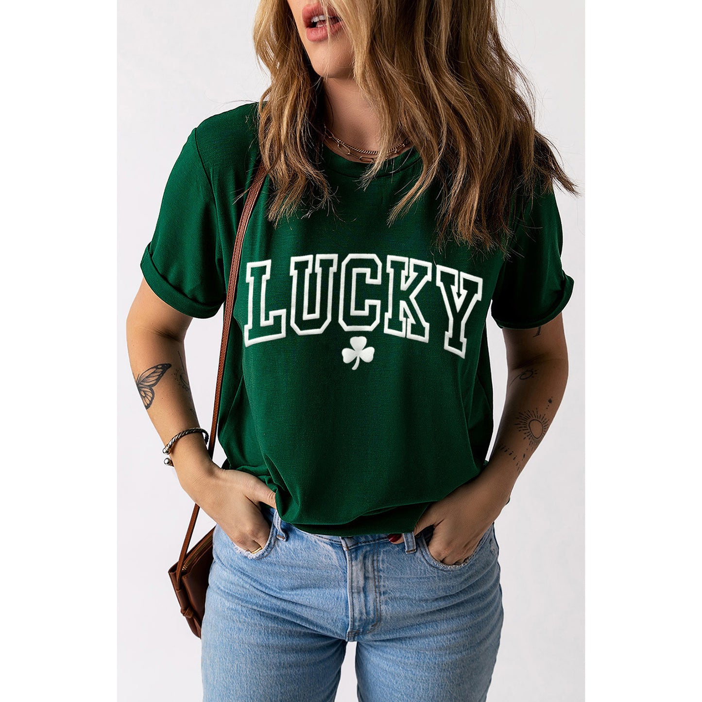 Green LUCKY Clover Puff Print Round Neck Casual T Shirt