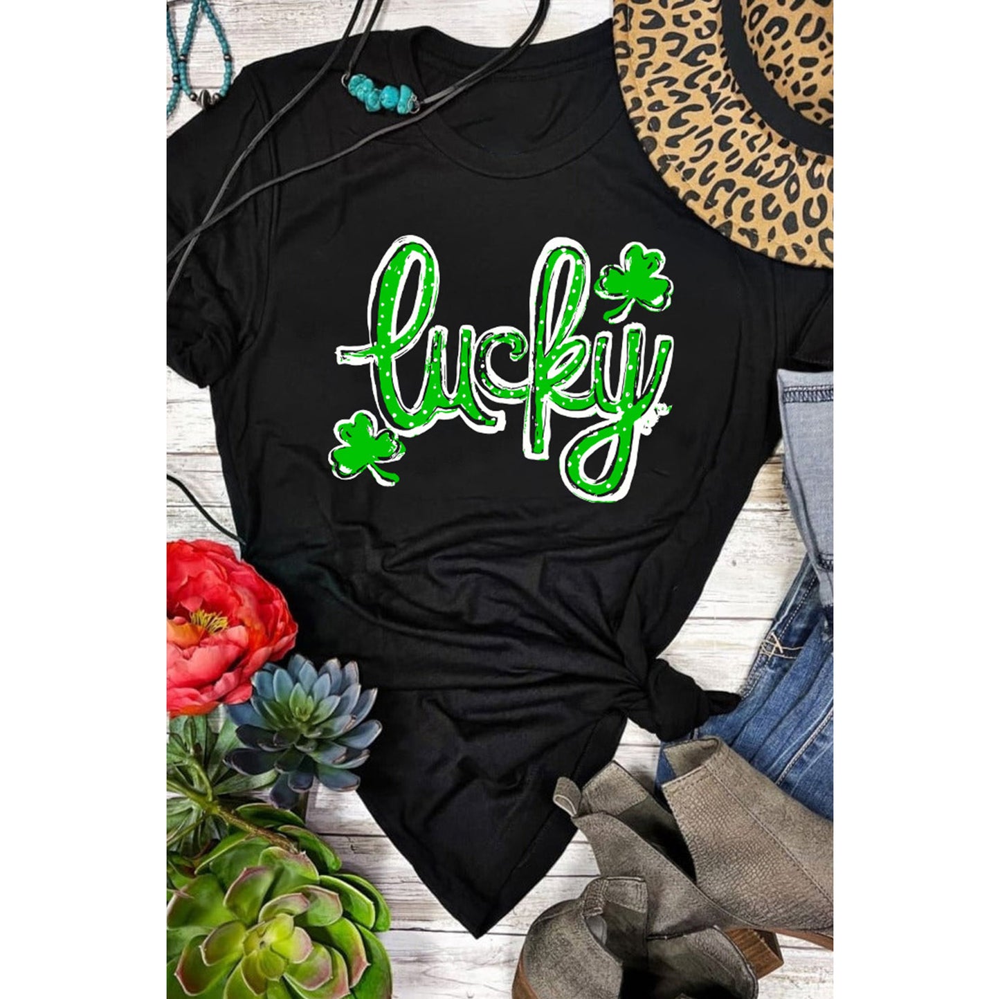 Black St. Patricks Lucky Clover Print O Neck T Shirt