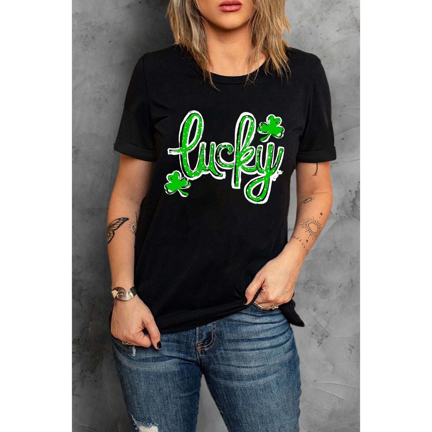 Black St. Patricks Lucky Clover Print O Neck T Shirt