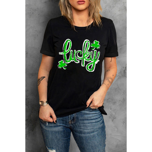 Black St. Patricks Lucky Clover Print O Neck T Shirt