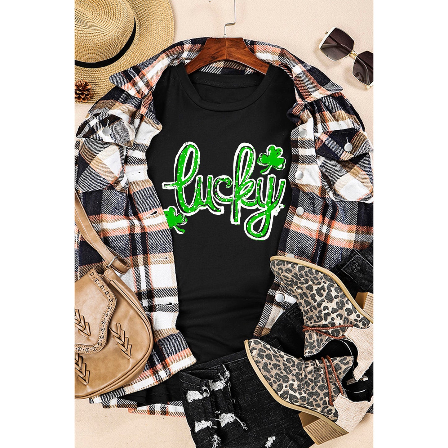 Black St. Patricks Lucky Clover Print O Neck T Shirt