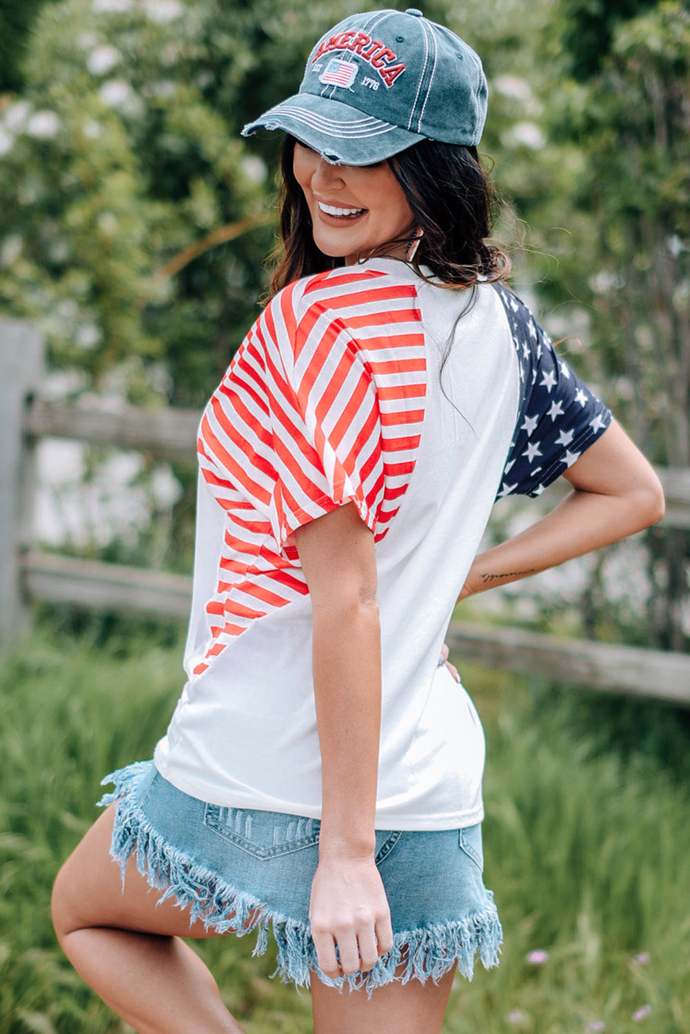 White USA Flag Sequin Patchwork Color Bock T Shirt