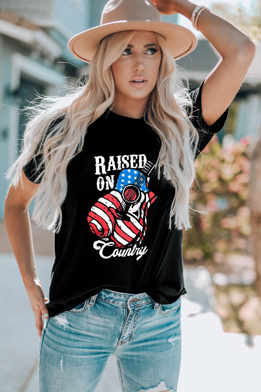 Black Raised On Country USA Flag Guitar Graphic Tee