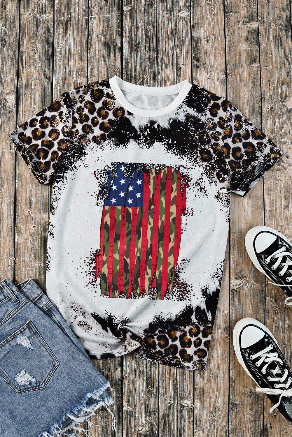 Leopard Vintage American Flag Graphic T Shirt