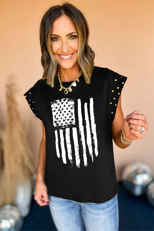 Black American Flag Print Studded Cap Sleeve T Shirt