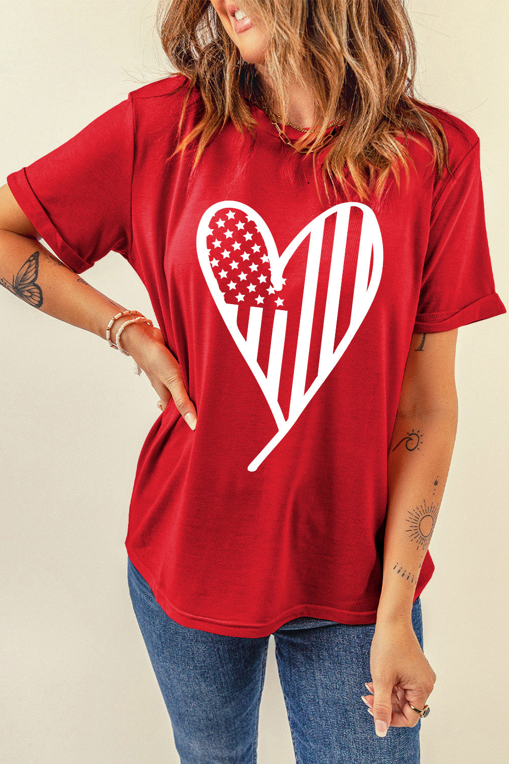 Red USA Flag Heart Shape Crewneck Graphic T Shirt