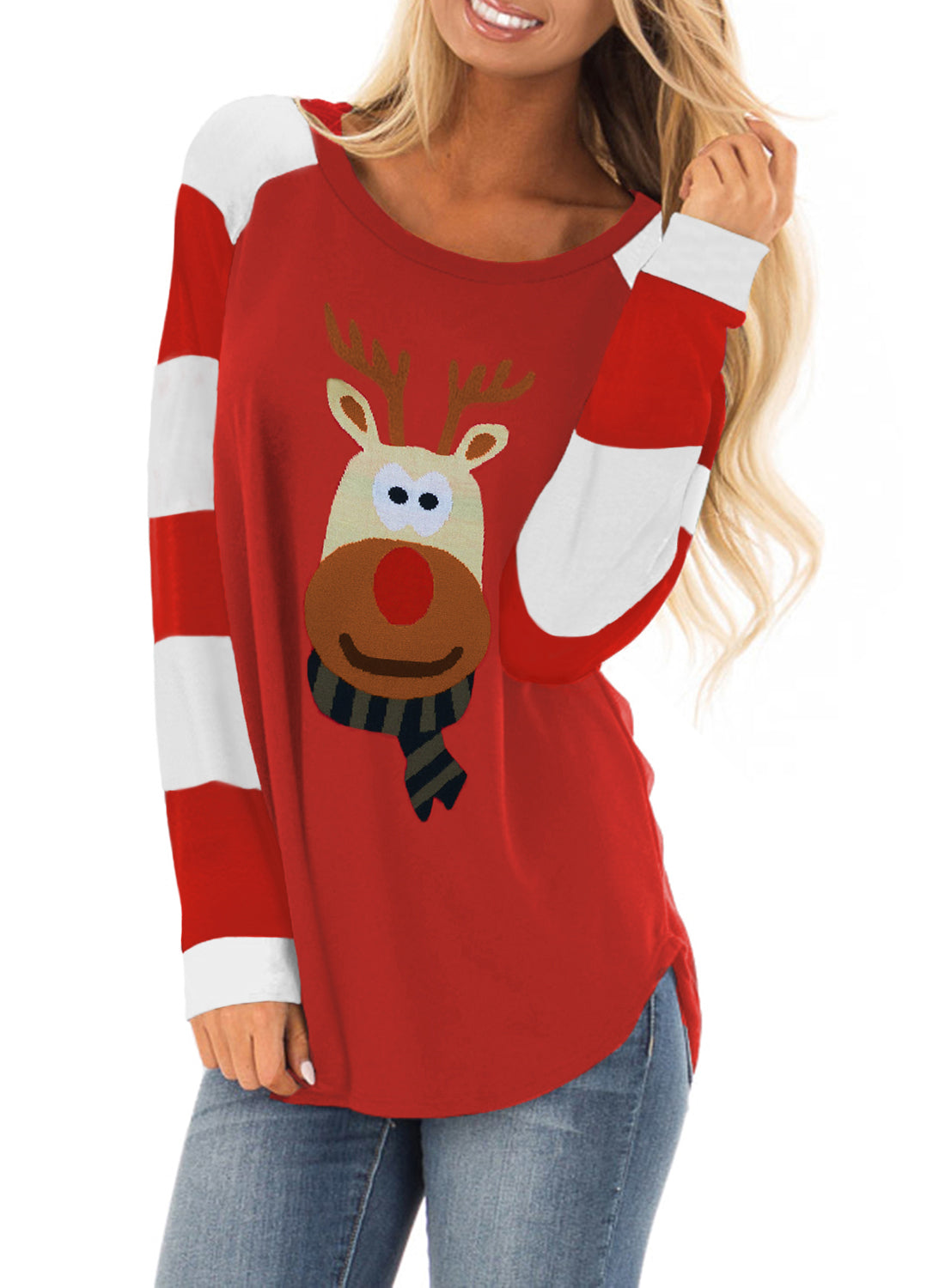 Women's Winter Christmas Color Block Pullover Long Sleeve Tunic Tops Crewneck Blouses Jumper