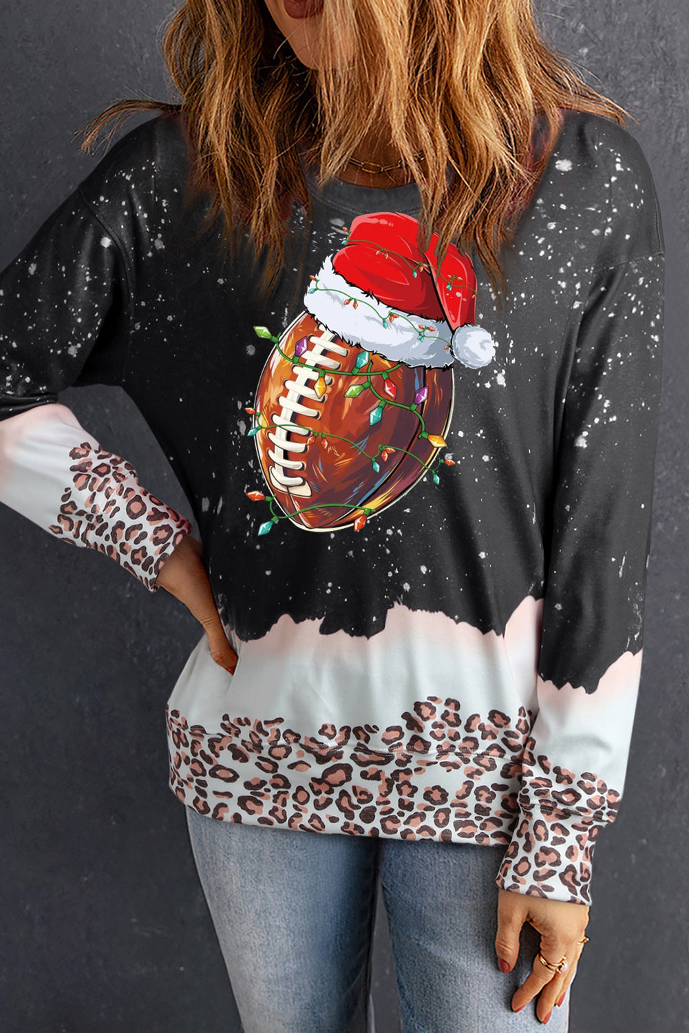 Christmas Rugby Santa Hat Pattern Bleached Pullover Sweatshirt