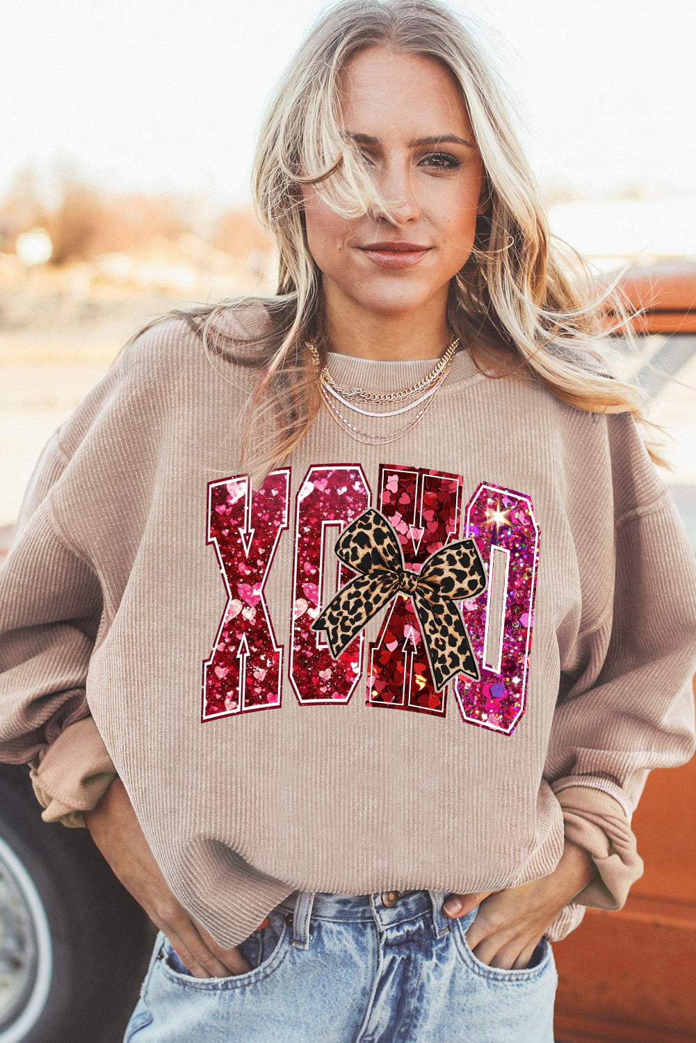 Valentine's Day XOXO Ribbed Knit Leopard Crew Neck Pullover Sweatshirt