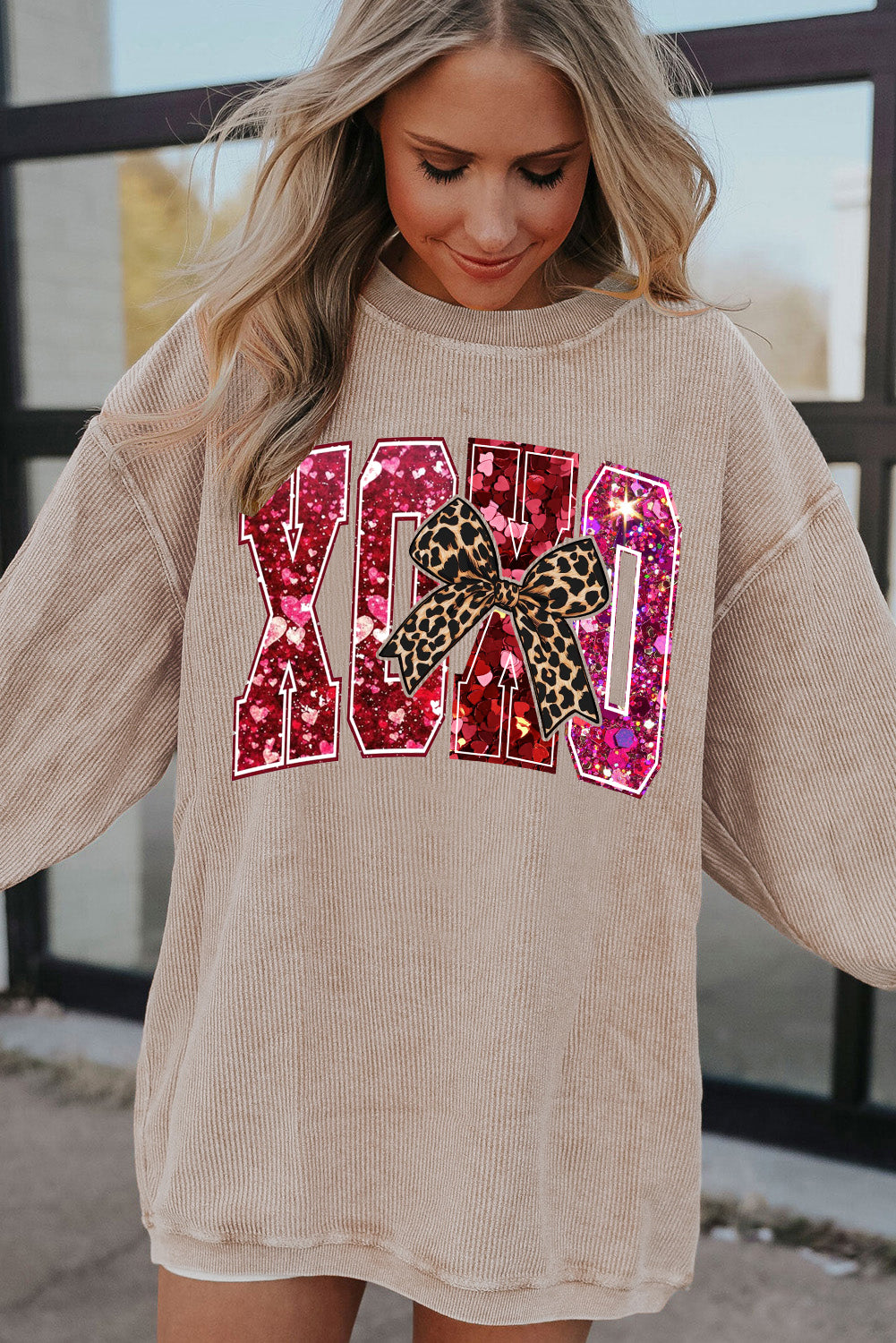 Valentine's Day XOXO Ribbed Knit Leopard Crew Neck Pullover Sweatshirt