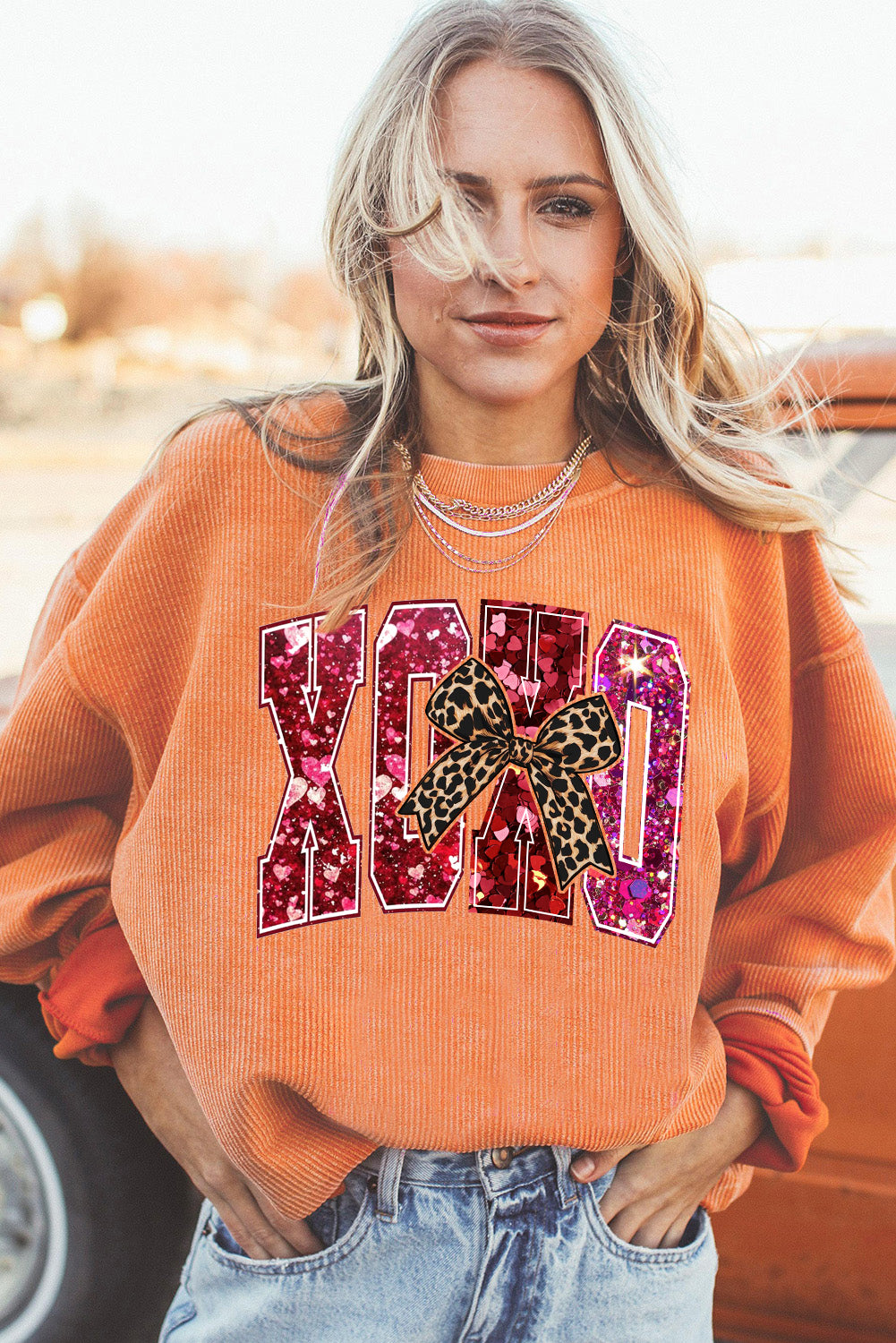 Valentine's Day XOXO Ribbed Knit Leopard Crew Neck Pullover Sweatshirt