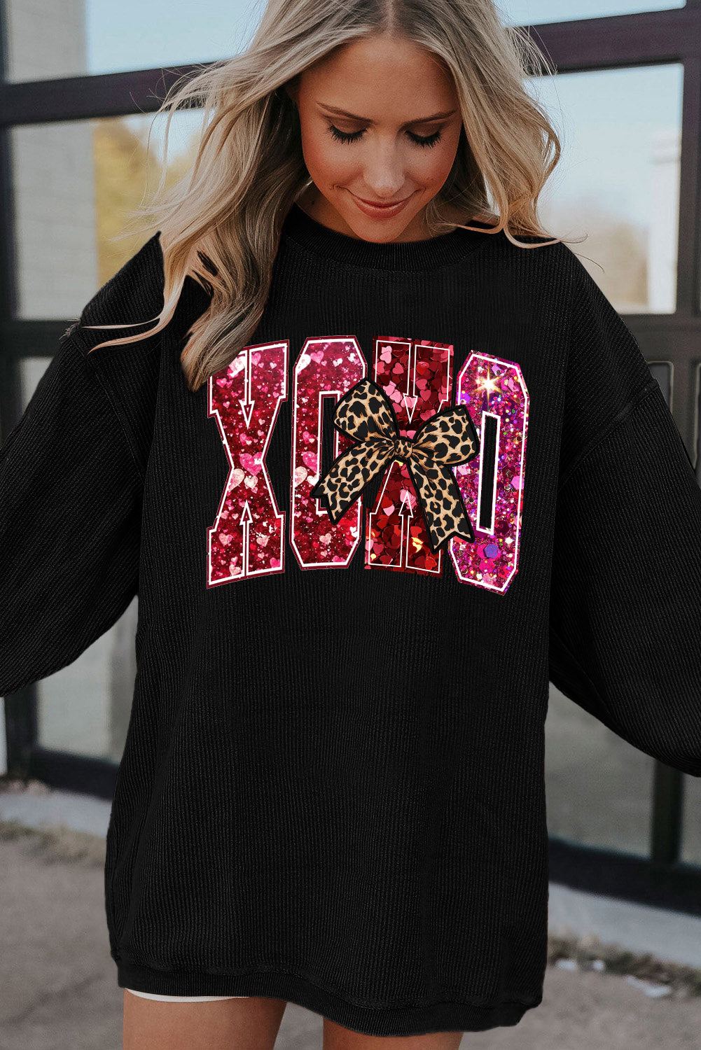 Valentine's Day XOXO Ribbed Knit Leopard Crew Neck Pullover Sweatshirt