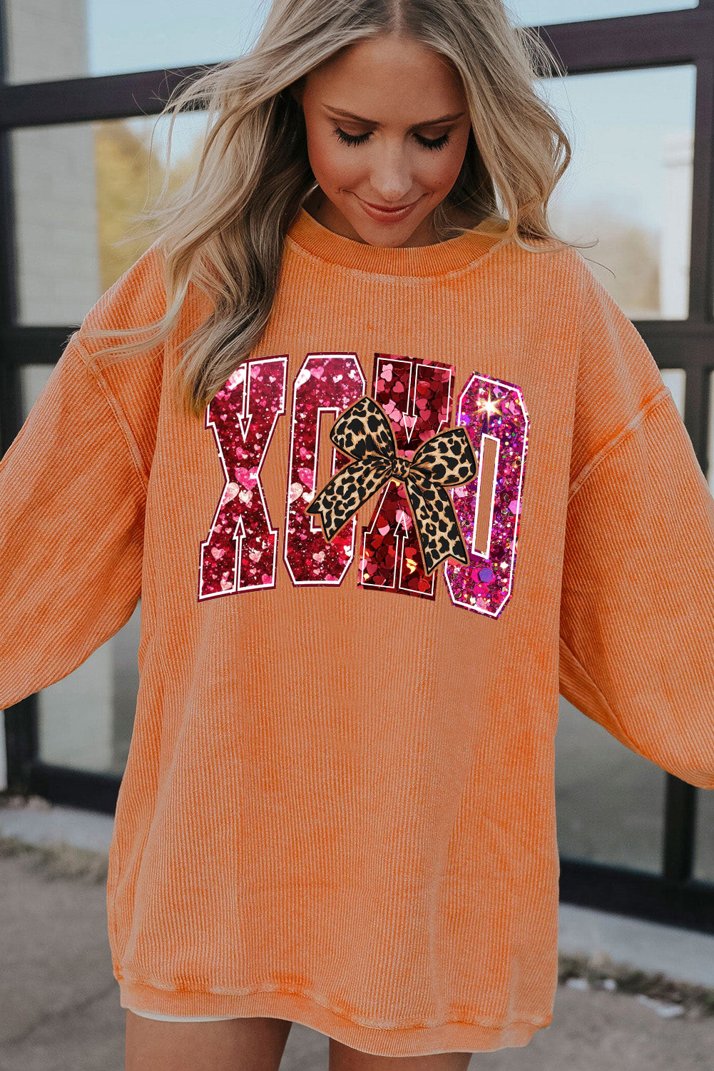 Valentine's Day XOXO Ribbed Knit Leopard Crew Neck Pullover Sweatshirt