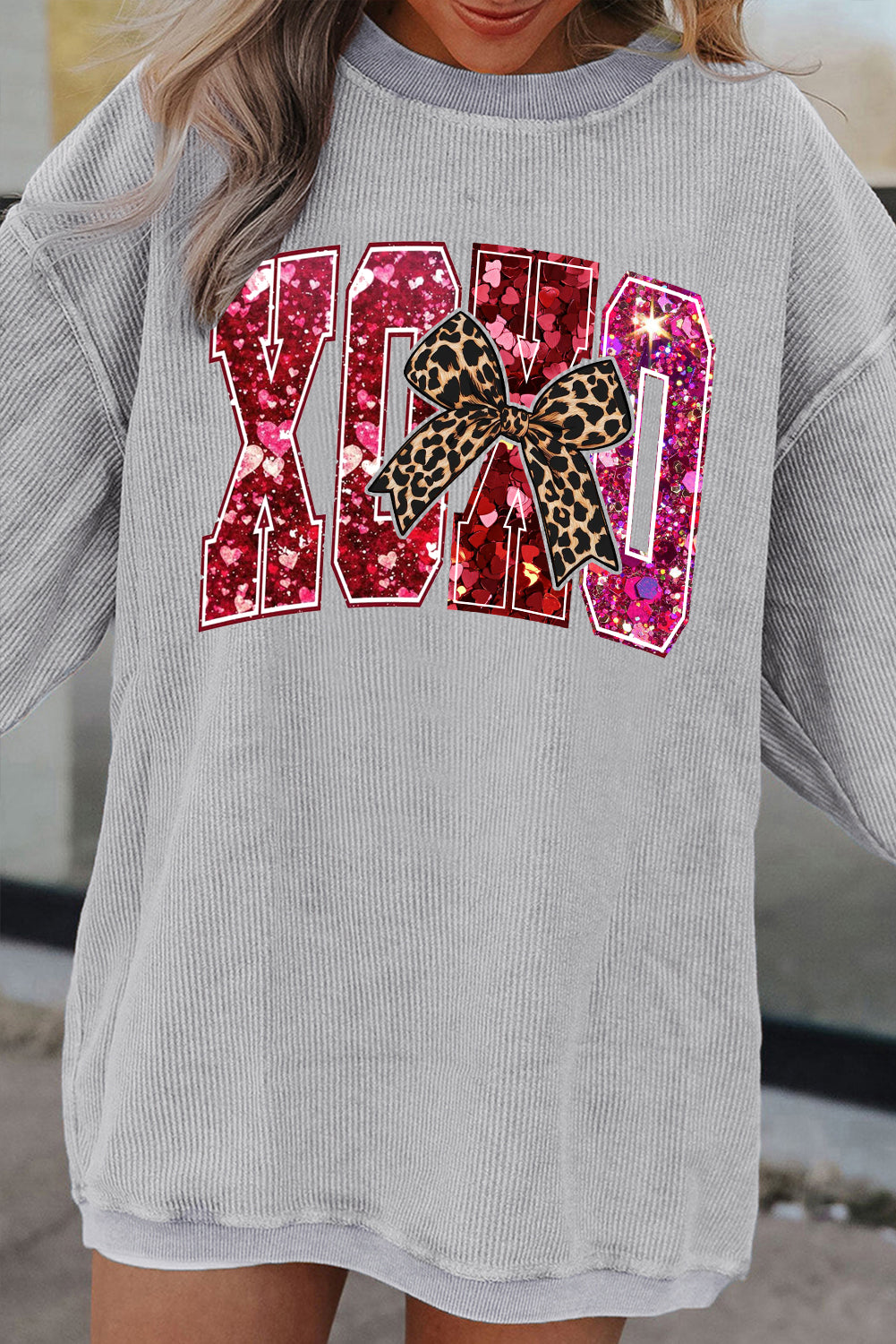 Valentine's Day XOXO Ribbed Knit Leopard Crew Neck Pullover Sweatshirt