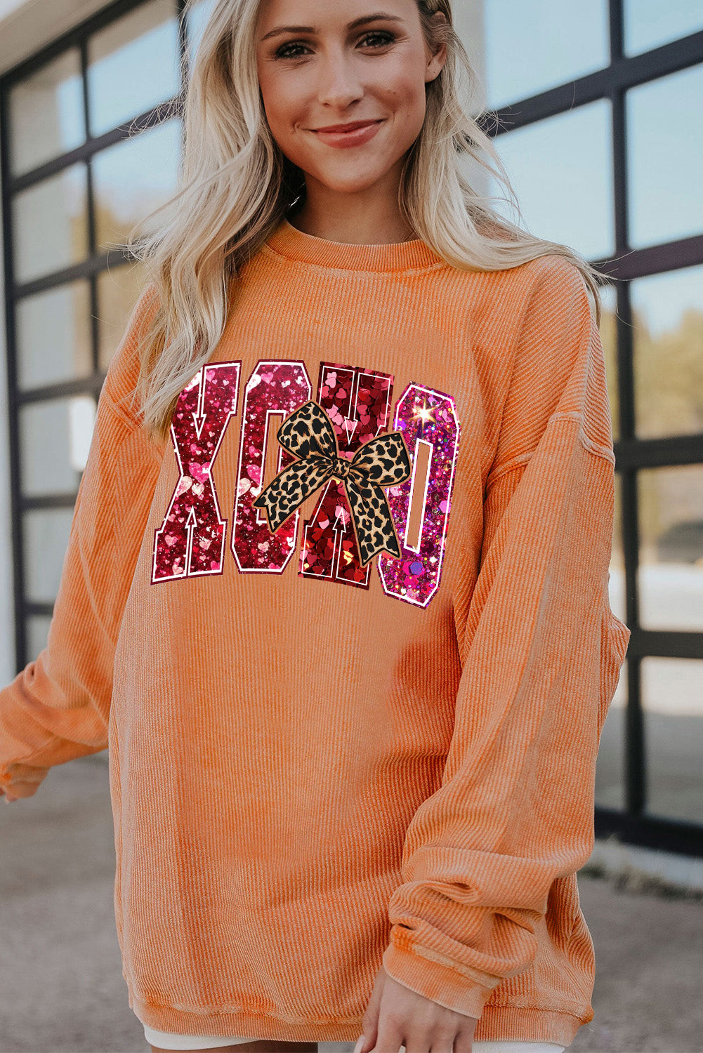 Valentine's Day XOXO Ribbed Knit Leopard Crew Neck Pullover Sweatshirt