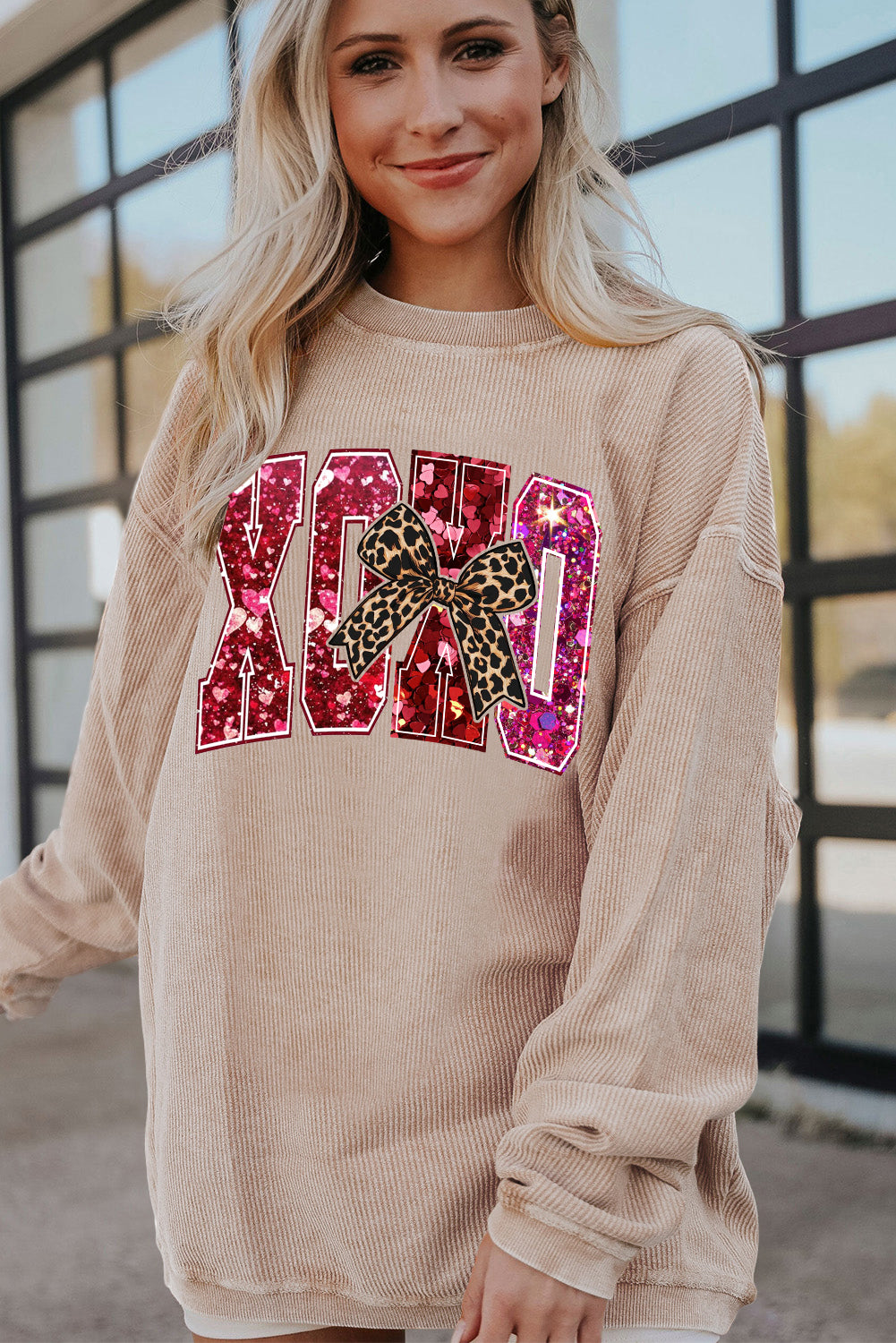 Valentine's Day XOXO Ribbed Knit Leopard Crew Neck Pullover Sweatshirt