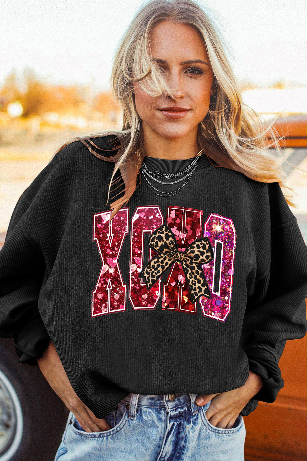 Valentine's Day XOXO Ribbed Knit Leopard Crew Neck Pullover Sweatshirt