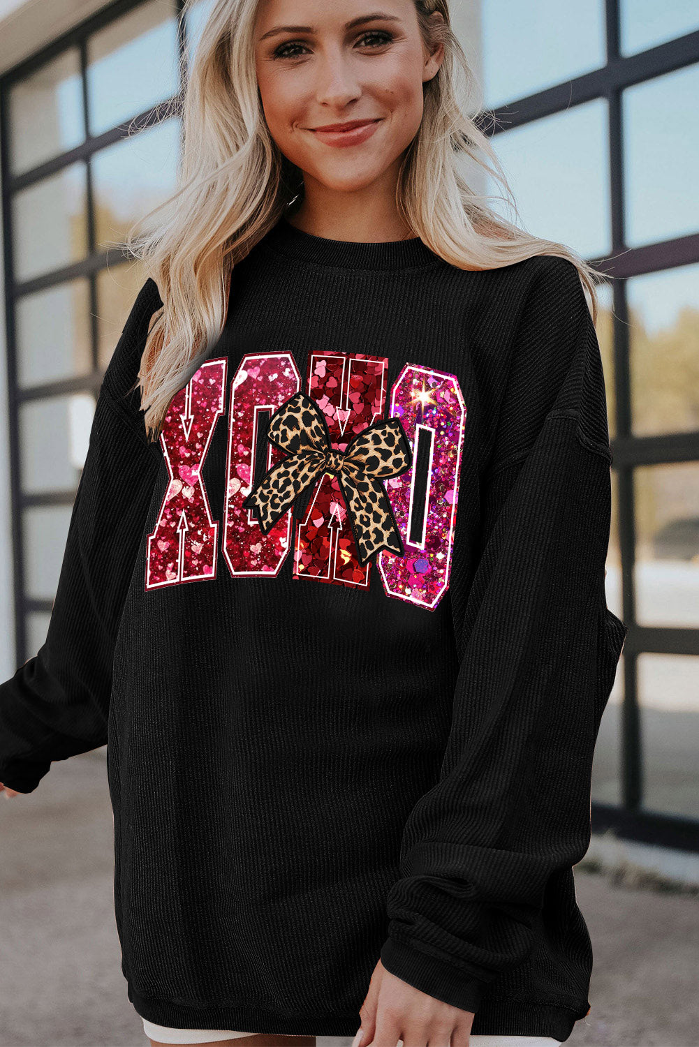 Valentine's Day XOXO Ribbed Knit Leopard Crew Neck Pullover Sweatshirt