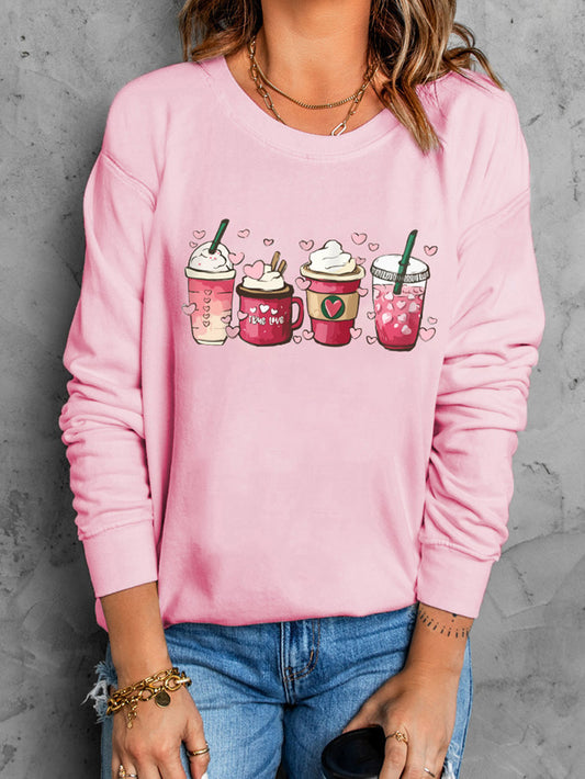 Pink Valentines Sweet Drinking Graphic Print Sweatshirt