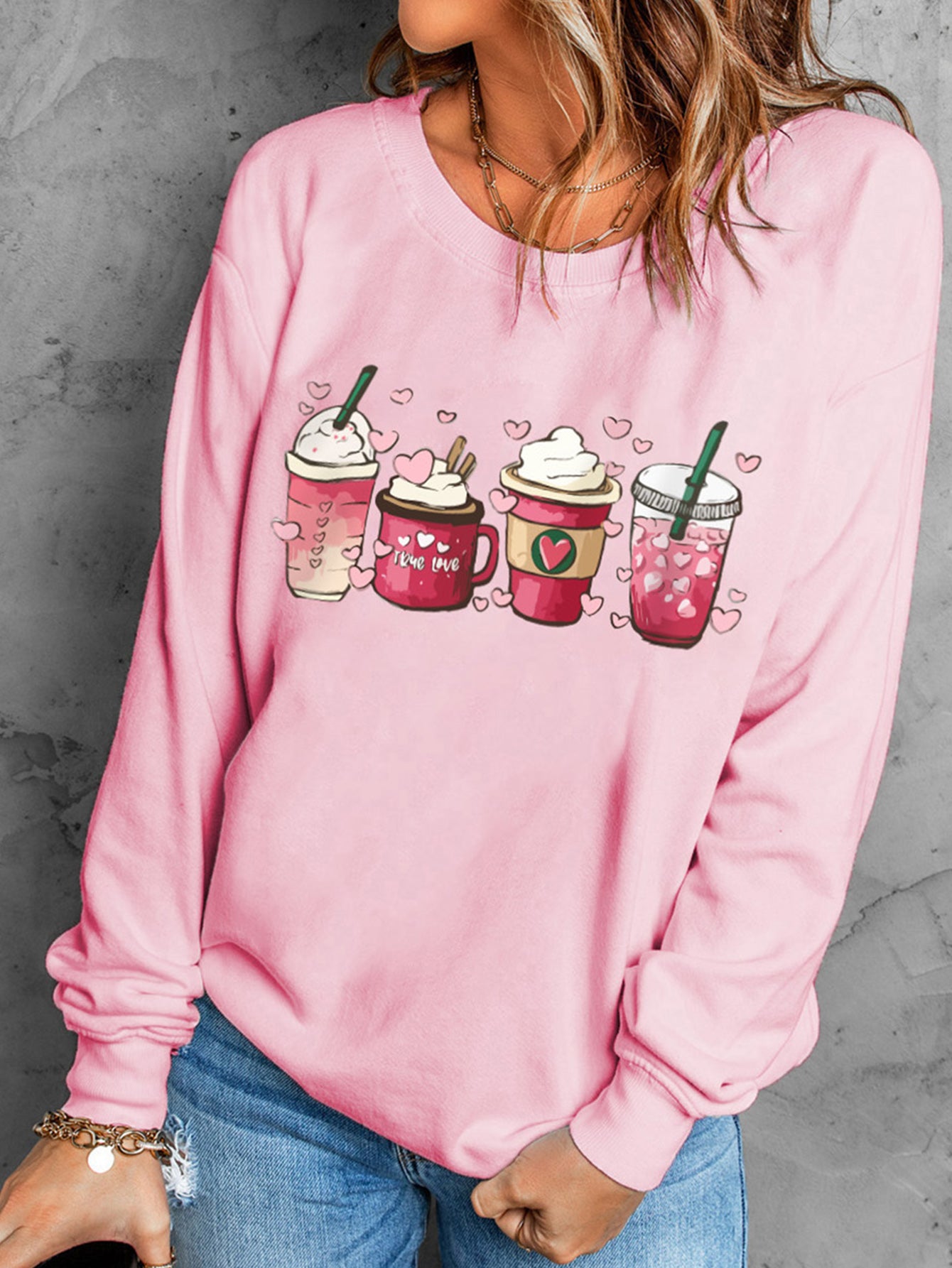 Pink Valentines Sweet Drinking Graphic Print Sweatshirt