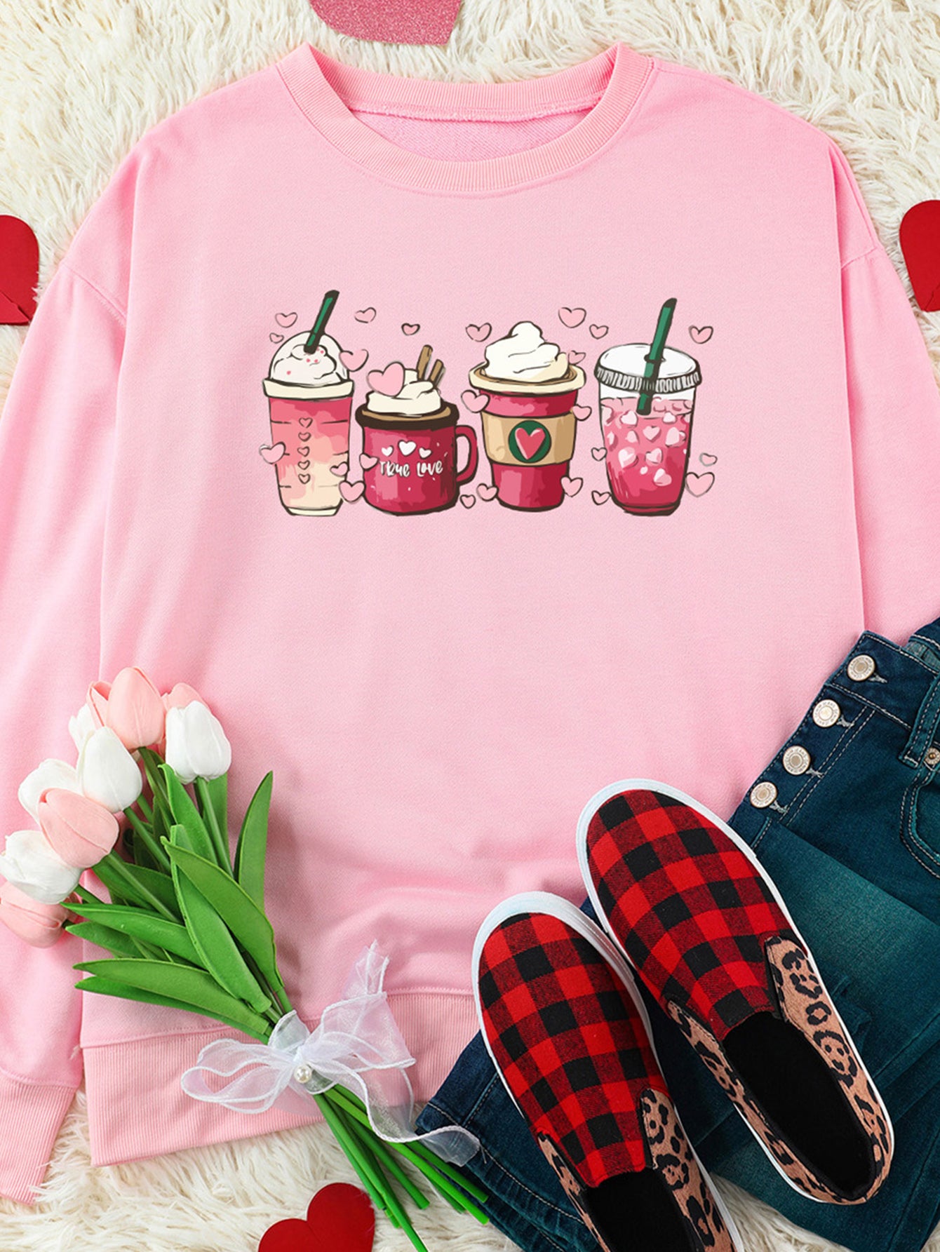 Pink Valentines Sweet Drinking Graphic Print Sweatshirt