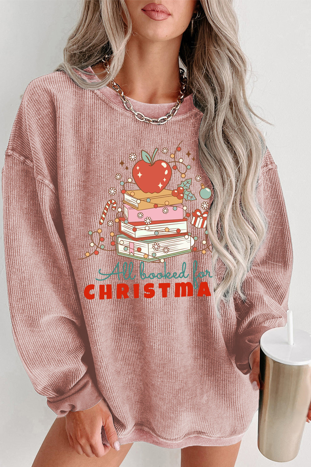 Christmas Ribbed Crew Neck Apple Pullover Sweatshirt