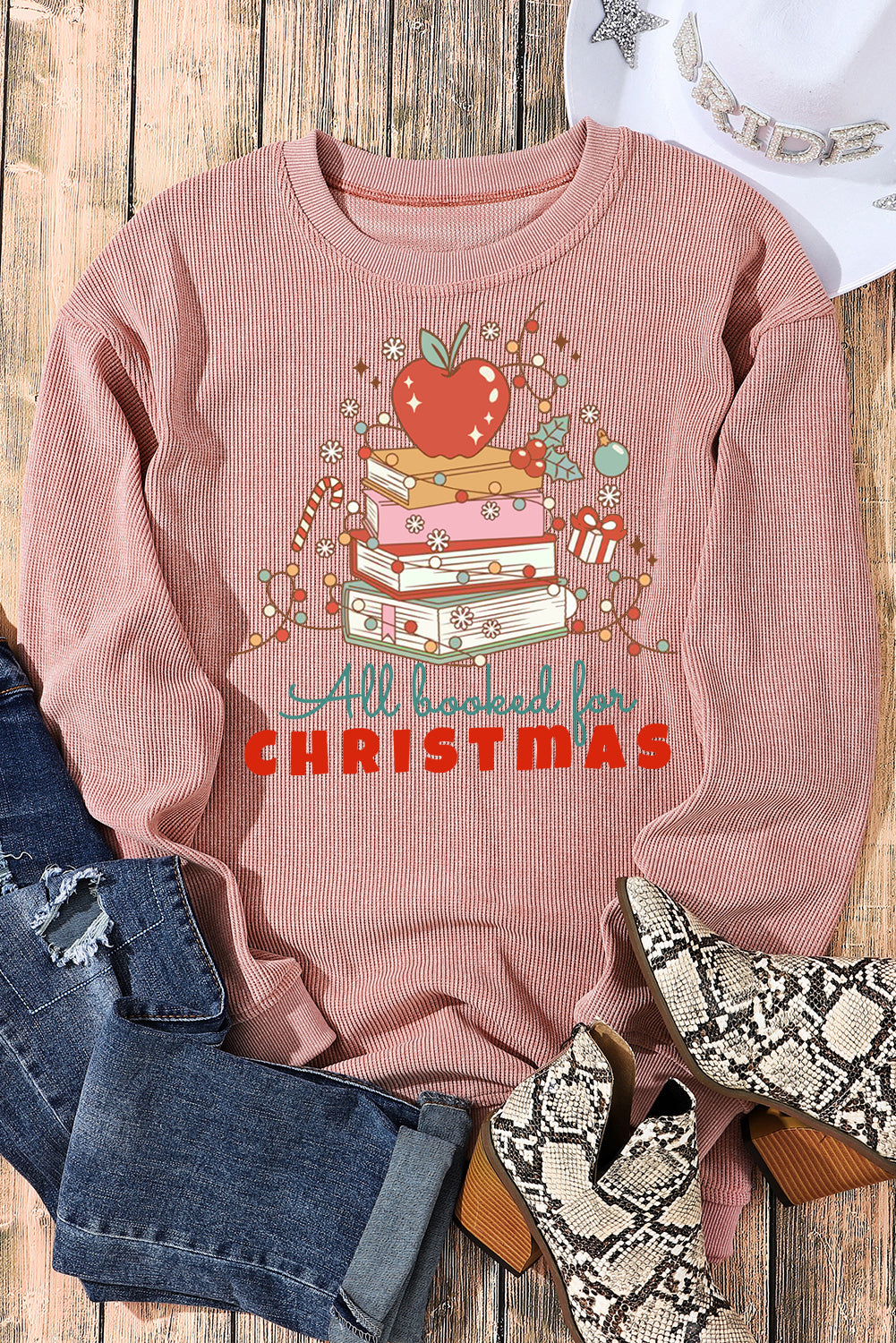 Christmas Ribbed Crew Neck Apple Pullover Sweatshirt