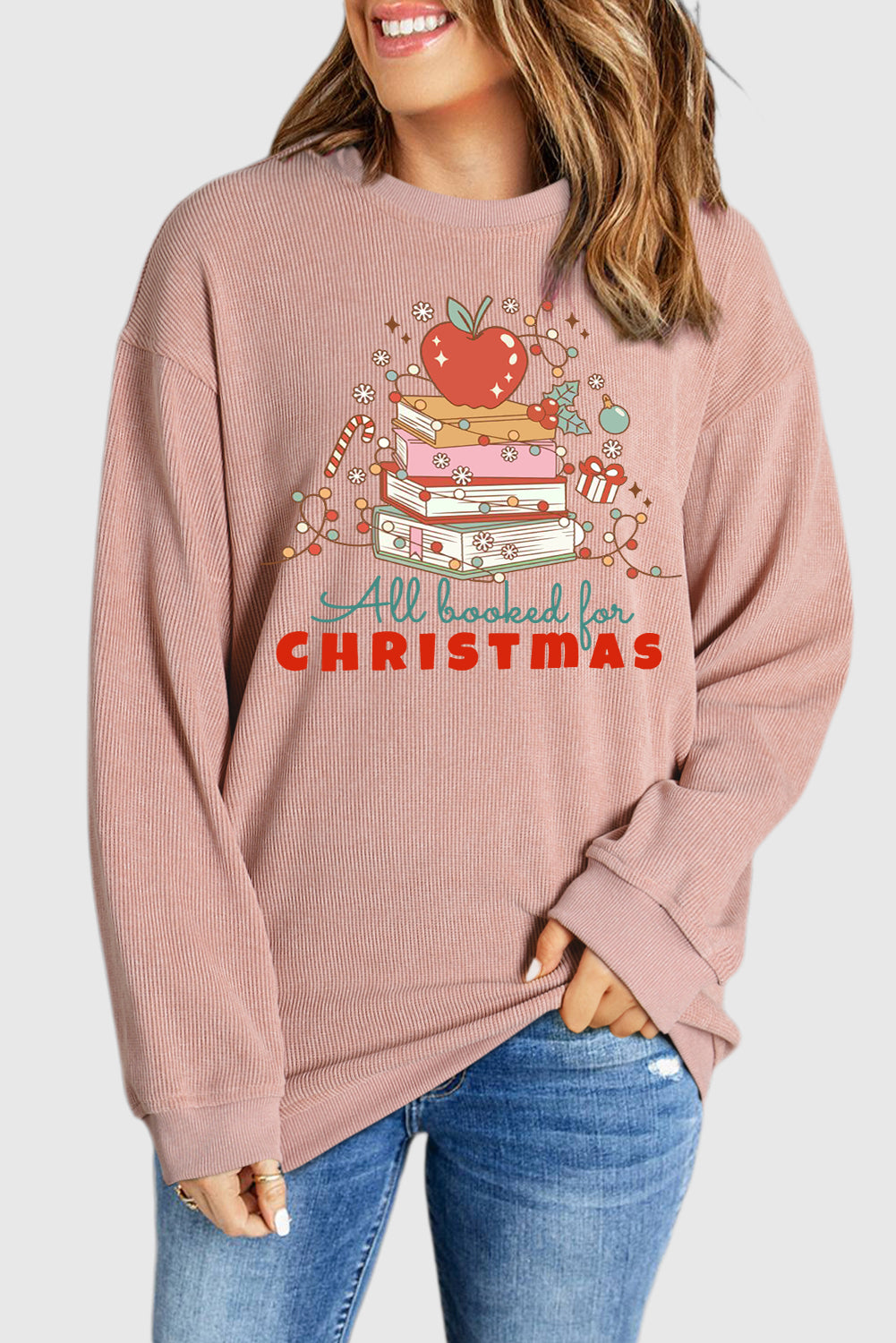 Christmas Ribbed Crew Neck Apple Pullover Sweatshirt