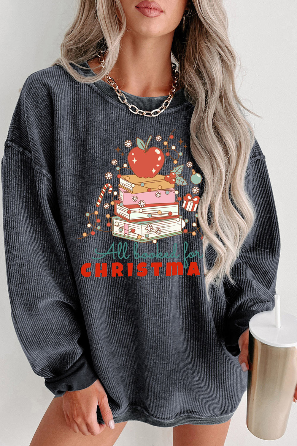 Christmas Ribbed Crew Neck Apple Pullover Sweatshirt