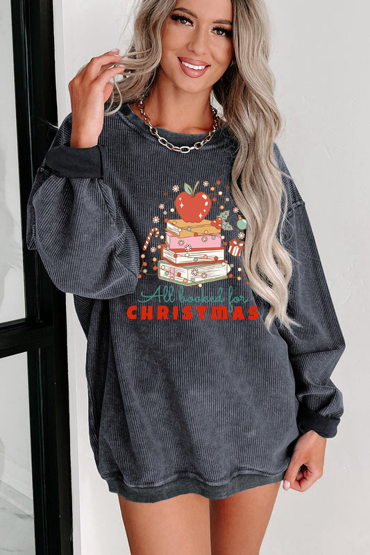 Christmas Ribbed Crew Neck Apple Pullover Sweatshirt