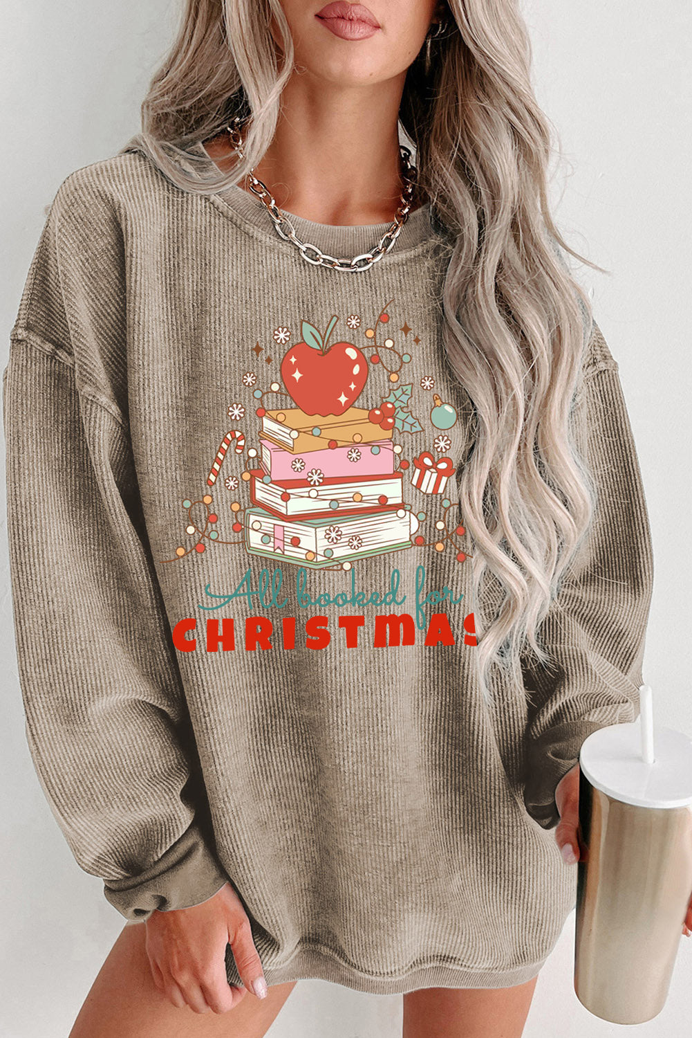 Christmas Ribbed Crew Neck Apple Pullover Sweatshirt