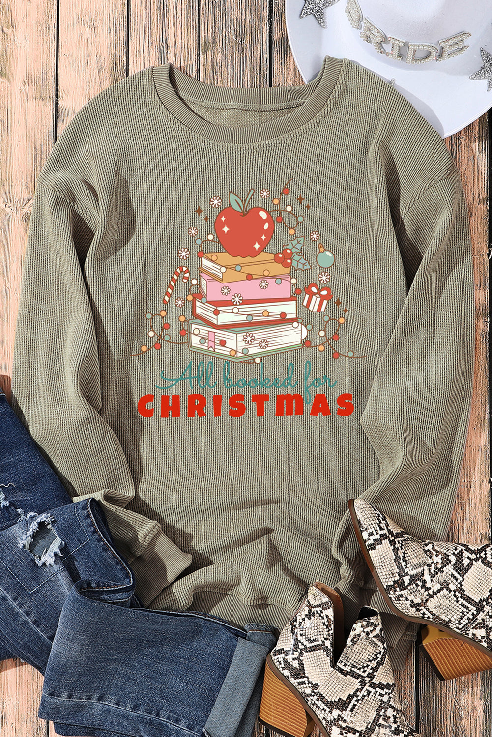 Christmas Ribbed Crew Neck Apple Pullover Sweatshirt