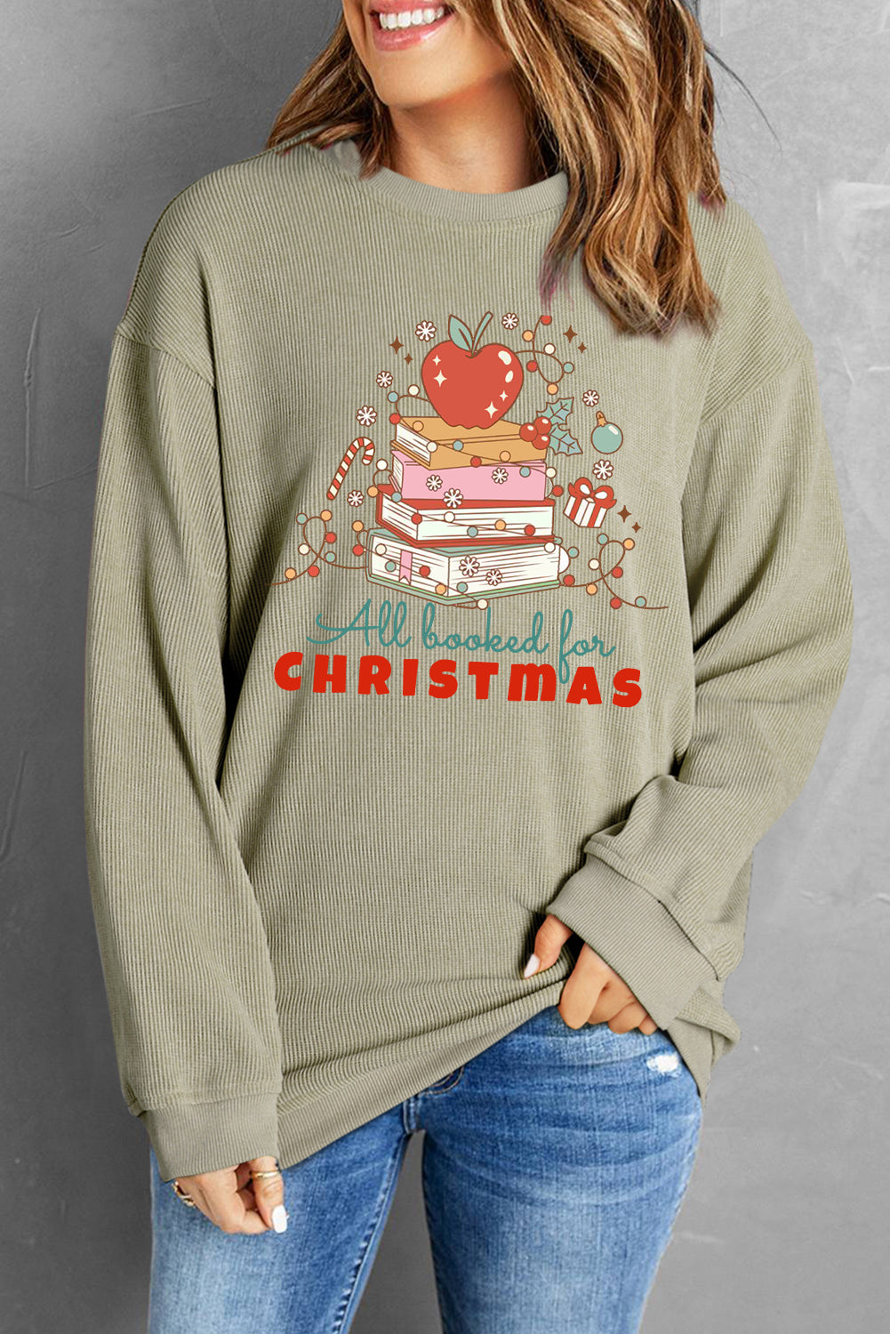 Christmas Ribbed Crew Neck Apple Pullover Sweatshirt