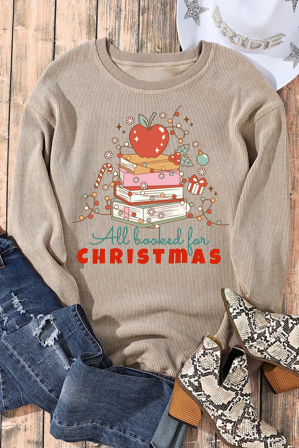 Christmas Ribbed Crew Neck Apple Pullover Sweatshirt