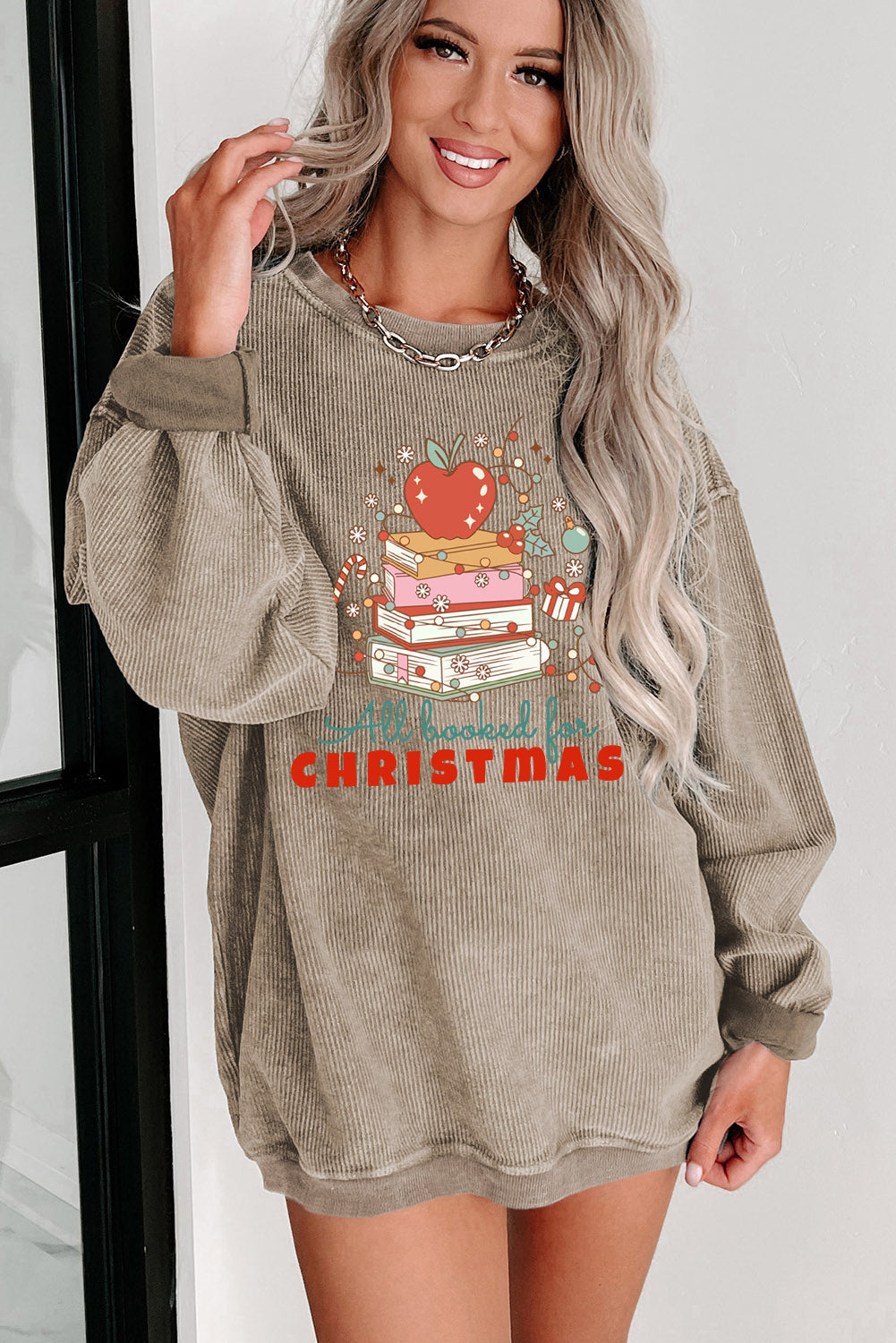 Christmas Ribbed Crew Neck Apple Pullover Sweatshirt