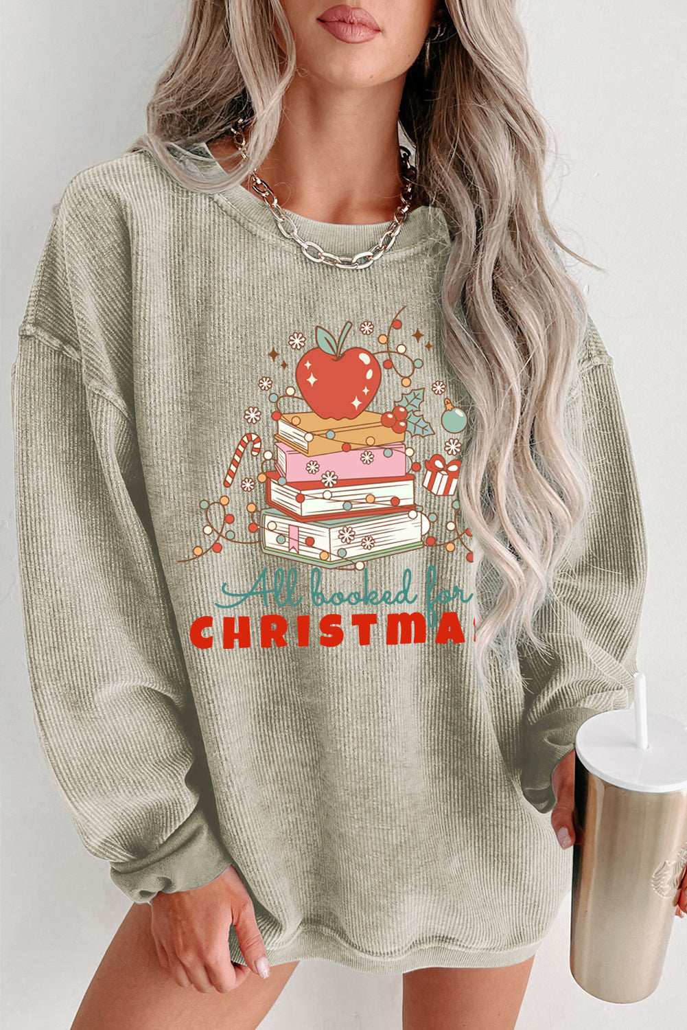 Christmas Ribbed Crew Neck Apple Pullover Sweatshirt