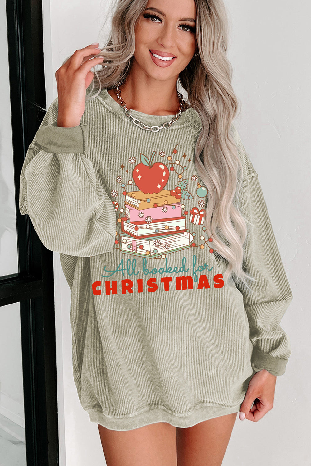 Christmas Ribbed Crew Neck Apple Pullover Sweatshirt