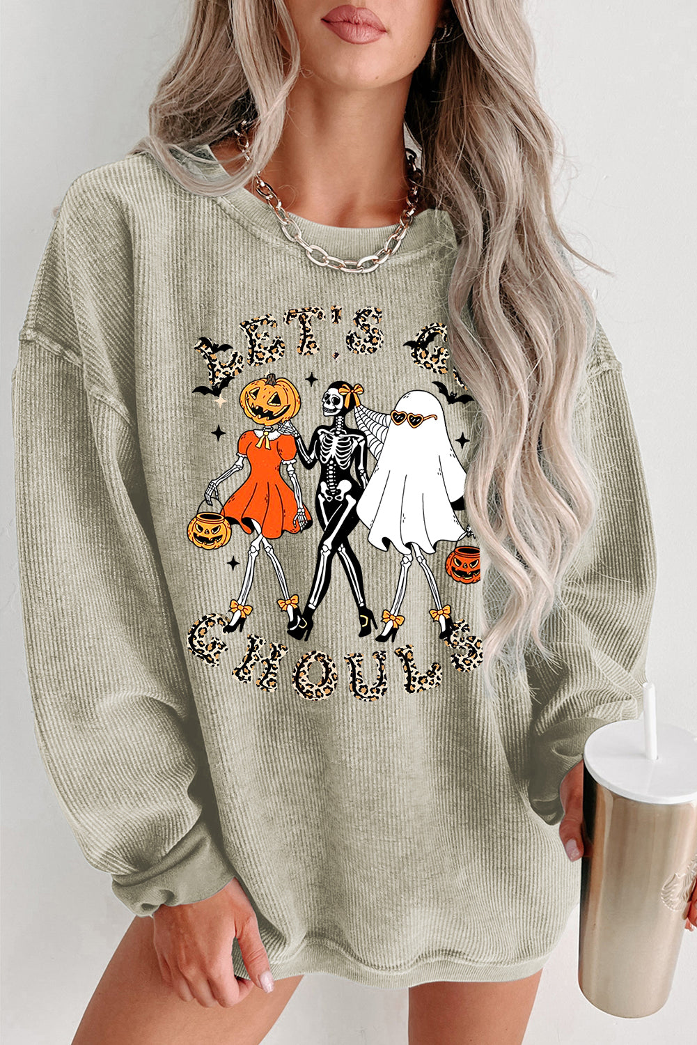 Halloween Plain Crew Neck Pumpkin Skull Ghost Pattern Pullover Sweatshirt