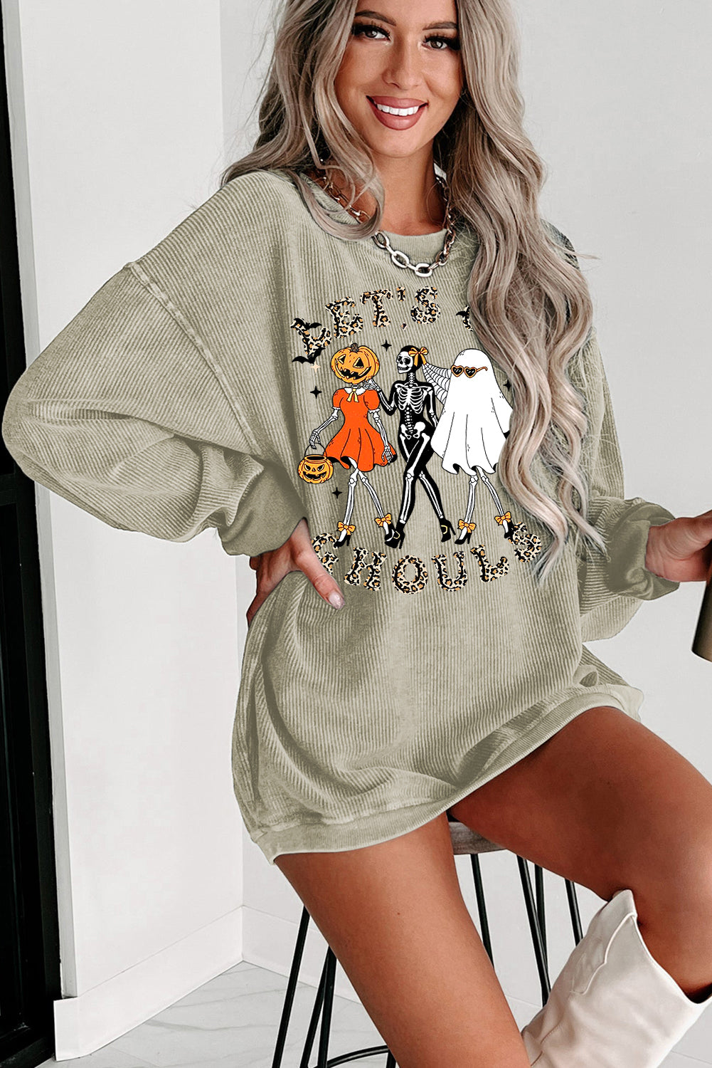 Halloween Plain Crew Neck Pumpkin Skull Ghost Pattern Pullover Sweatshirt