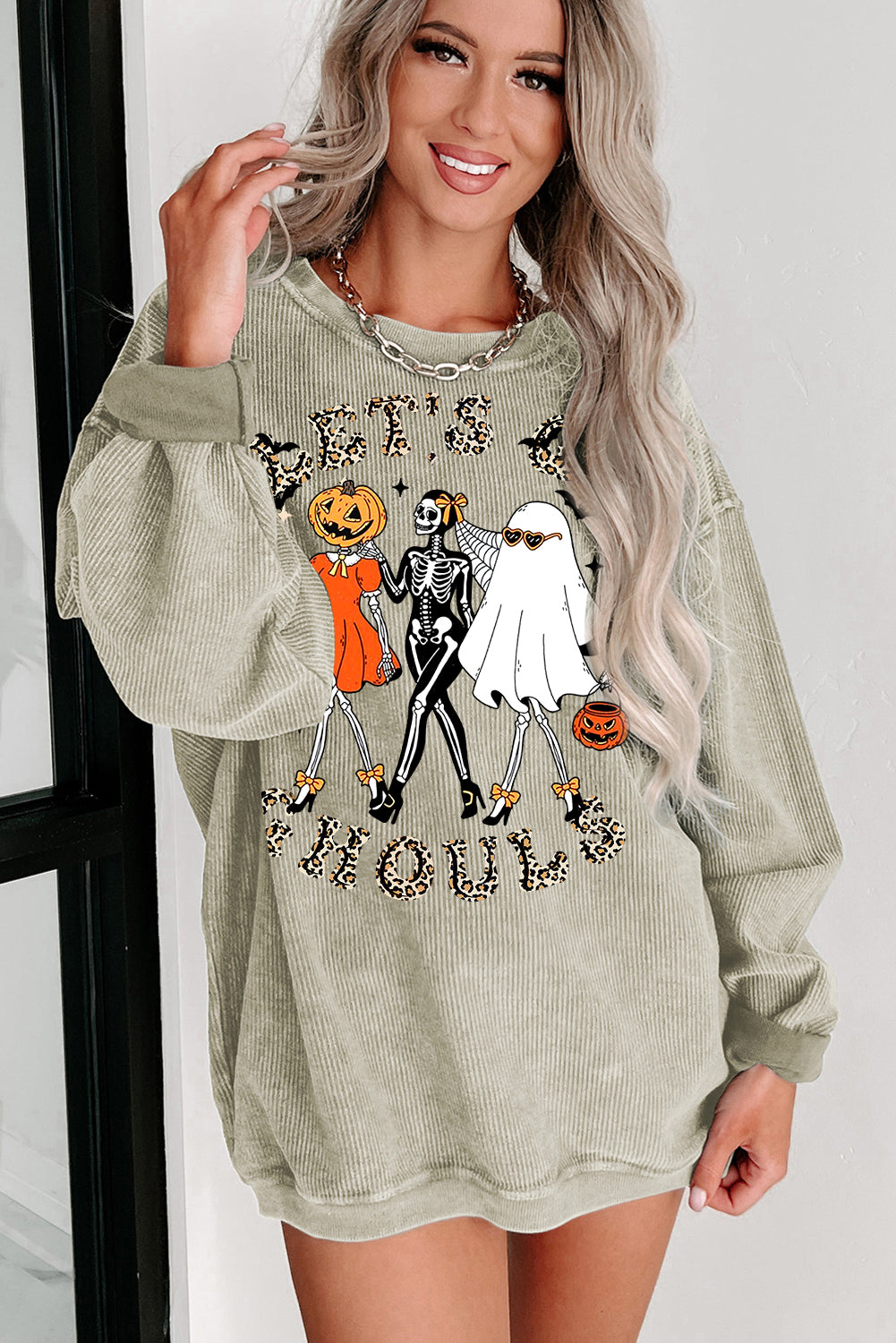 Halloween Plain Crew Neck Pumpkin Skull Ghost Pattern Pullover Sweatshirt