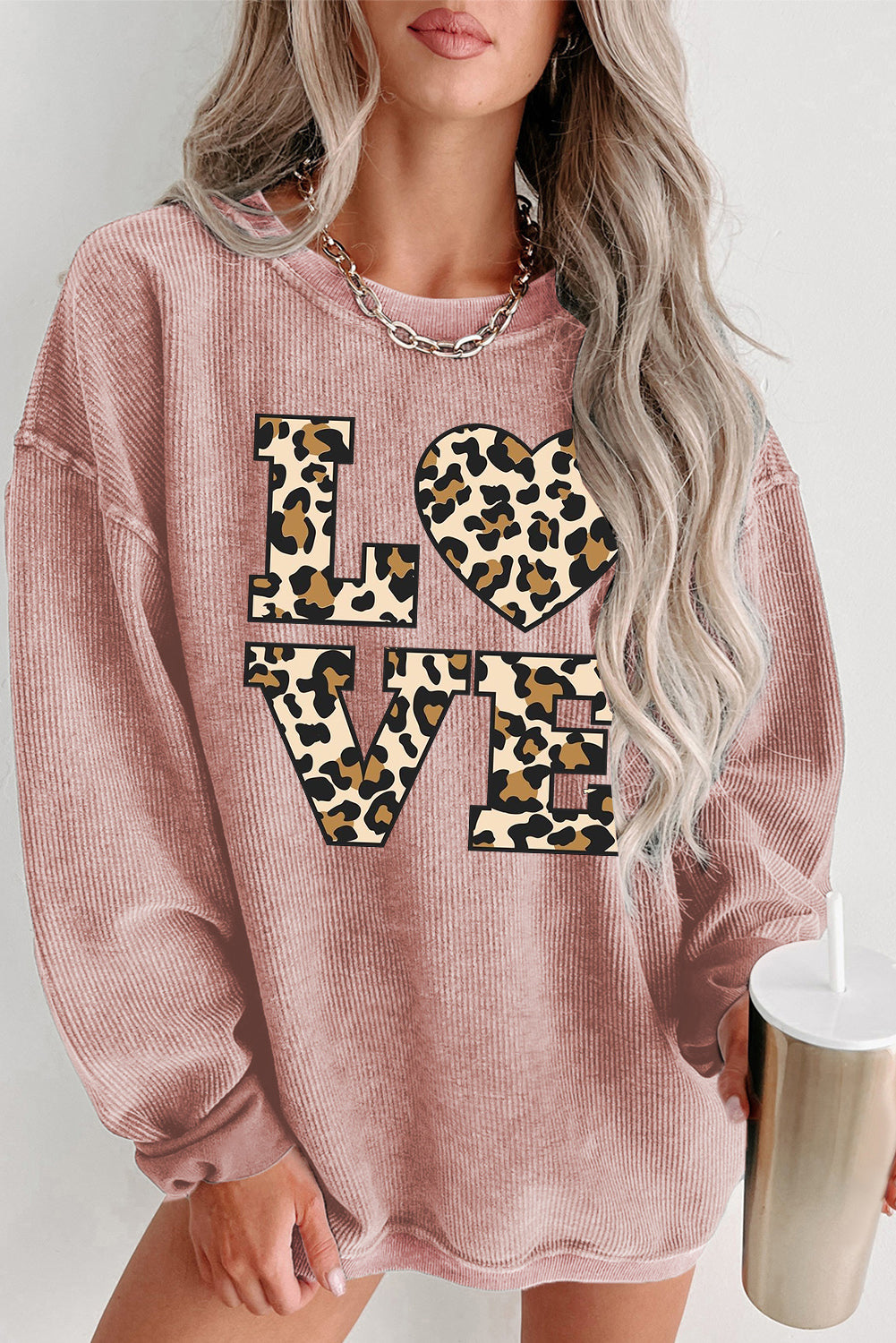 Valentine's Day Leopard Print Date Night Crew Neck Knit Sweatshirt