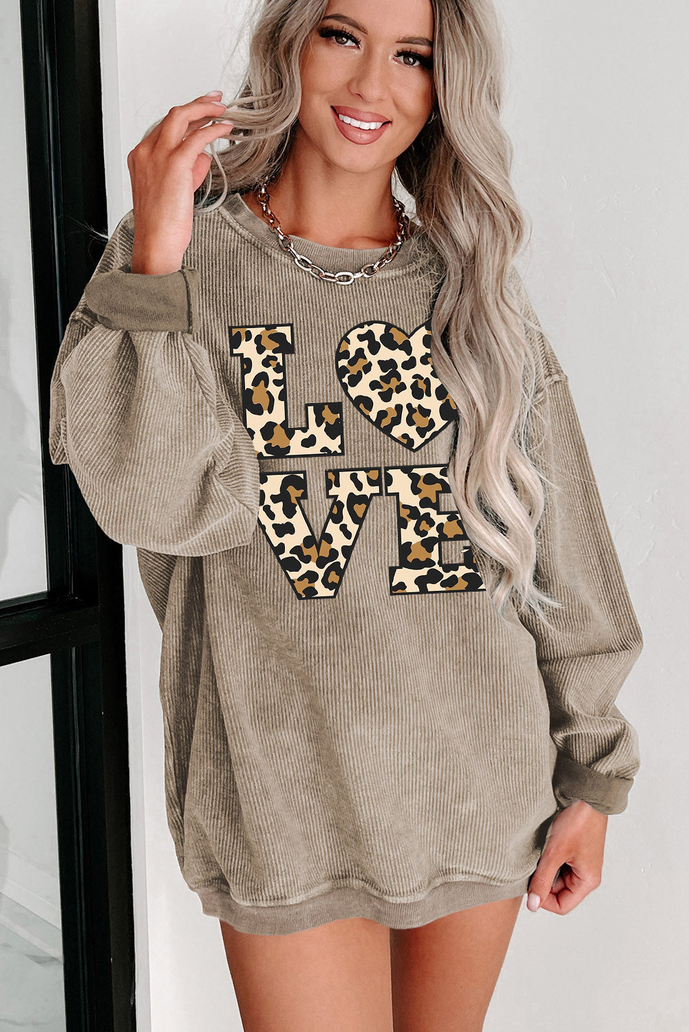 Valentine's Day Leopard Print Date Night Crew Neck Knit Sweatshirt