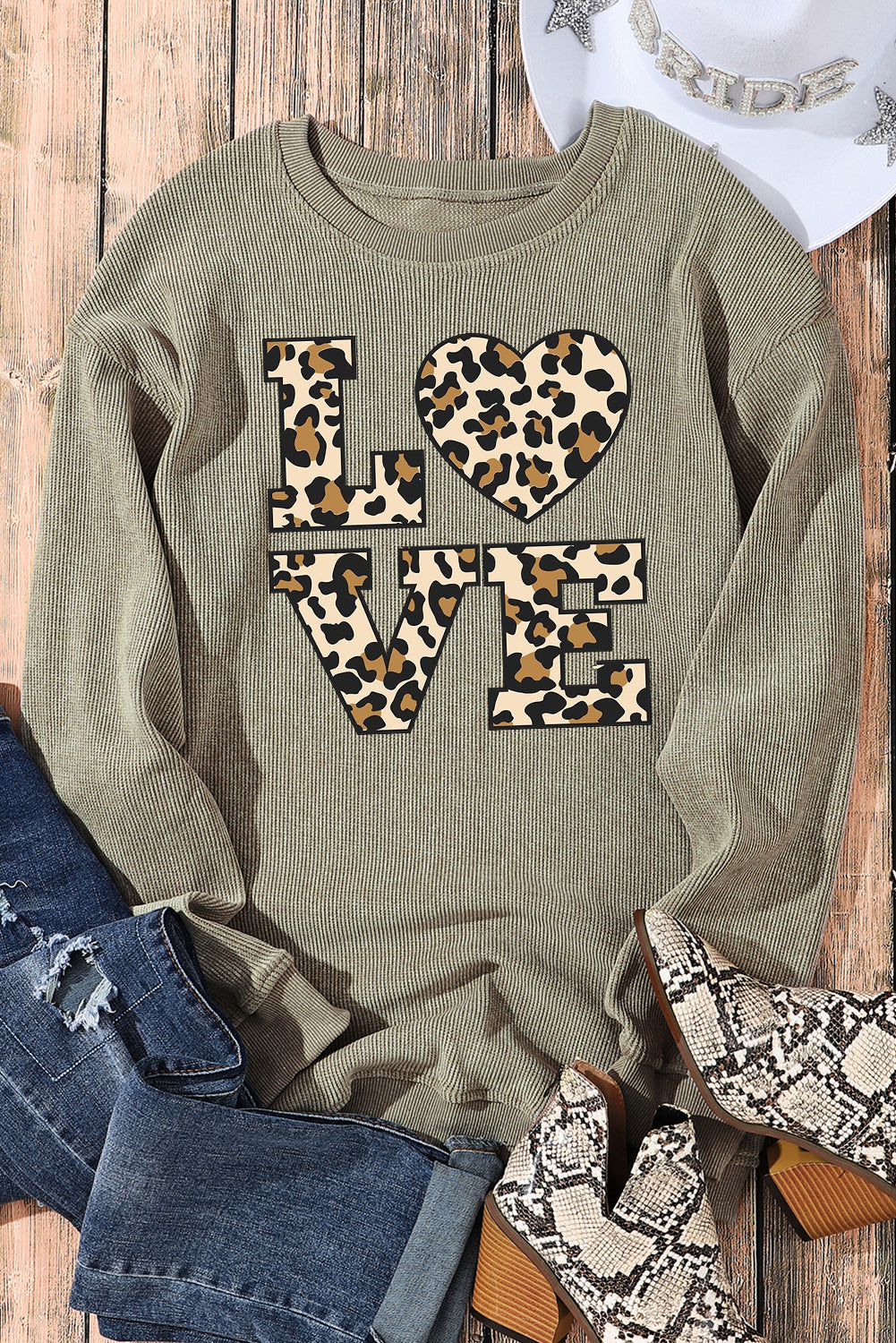 Valentine's Day Leopard Print Date Night Crew Neck Knit Sweatshirt